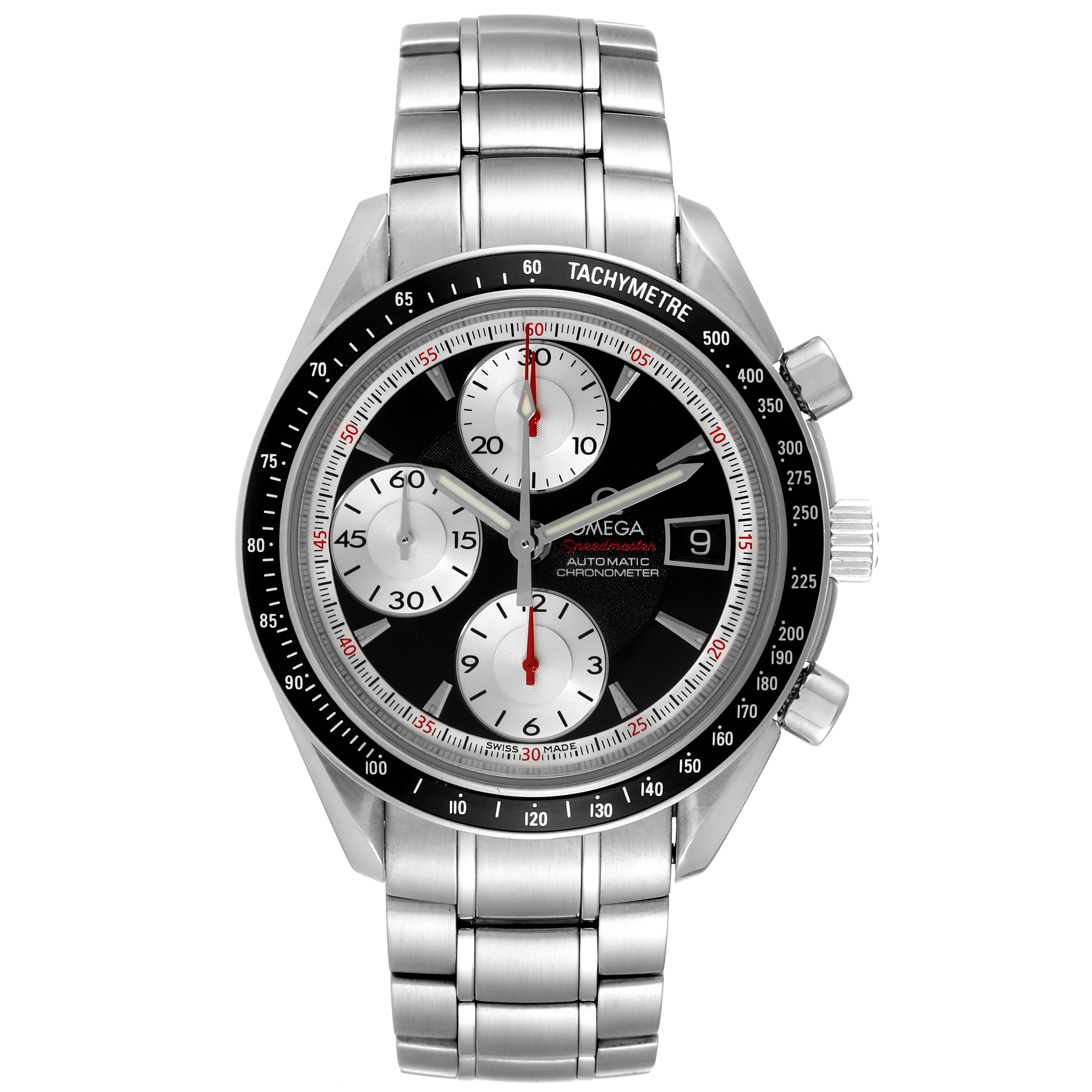 This image shows a front view of the Omega Speedmaster 3210.51.00 Men's Stainless Steel Black Dial 3210.51.00 Men's Stainless Steel Black Dial watch, displaying the dial, tachymeter bezel, and stainless steel bracelet.