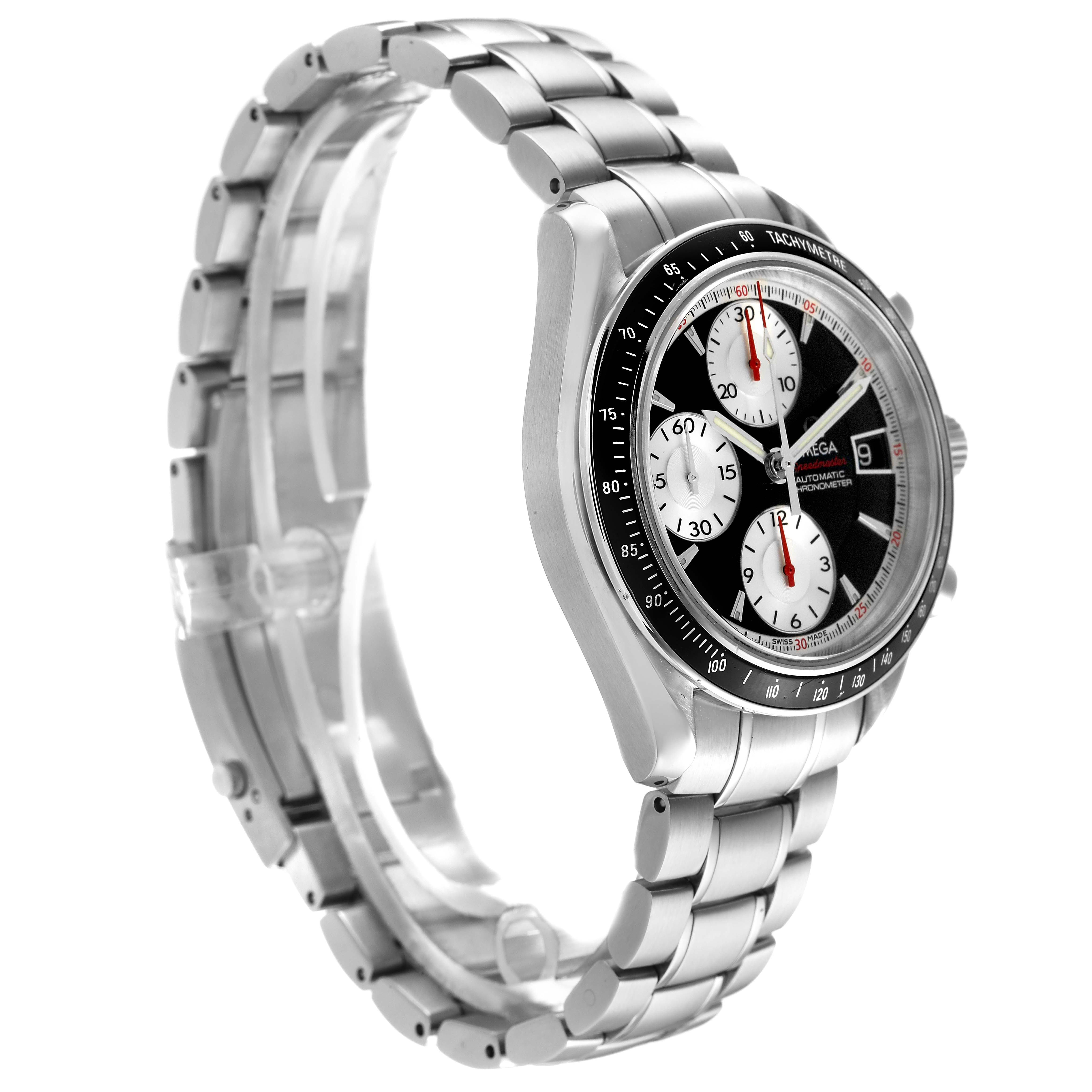The Omega Speedmaster 3210.51.00 Men's Stainless Steel Black Dial watch is shown at a side angle, displaying the dial, bezel, and stainless steel bracelet.