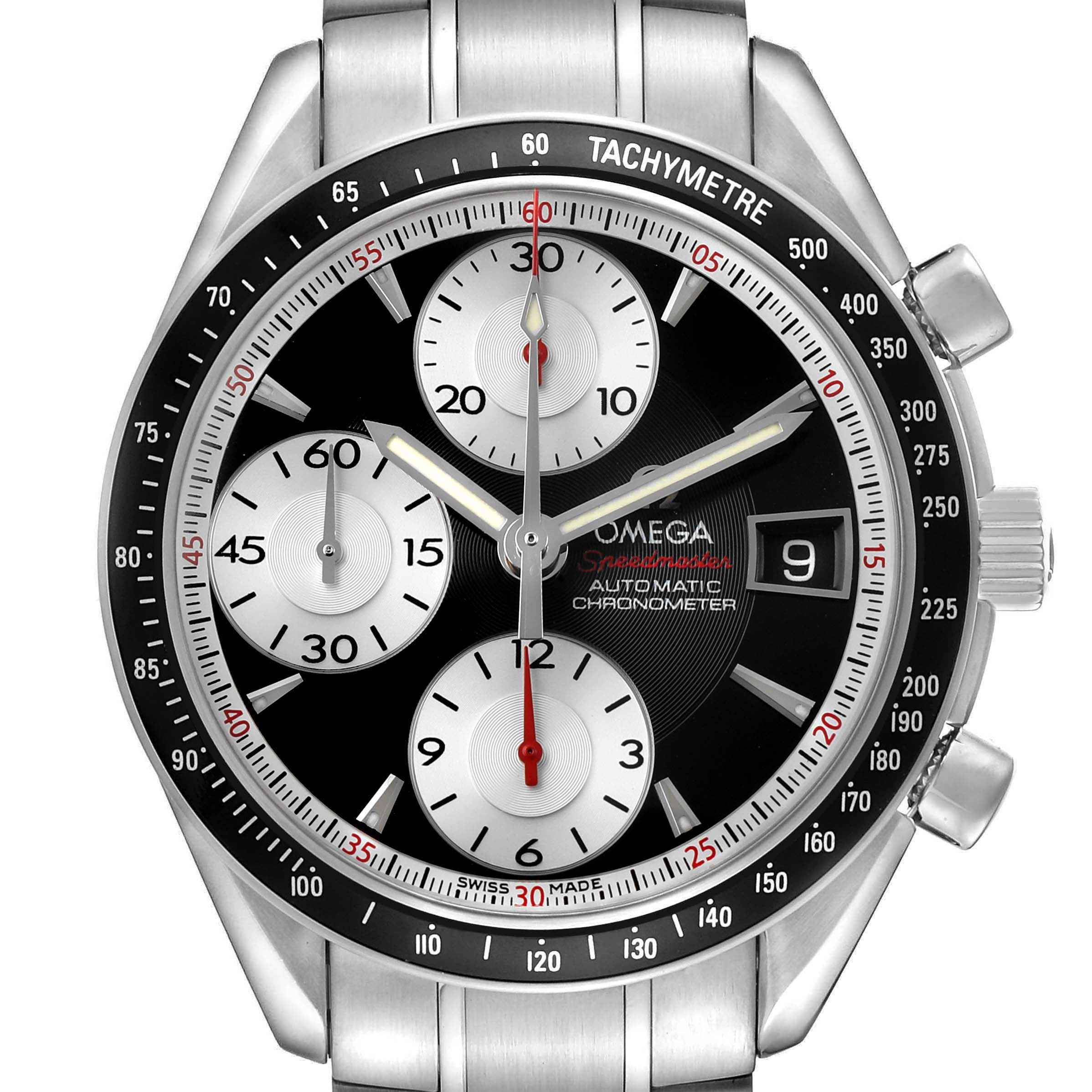 The Omega Speedmaster 3210.51.00 Men's Stainless Steel Black Dial watch is shown from a front angle, highlighting its dial, subdials, and tachymeter bezel.