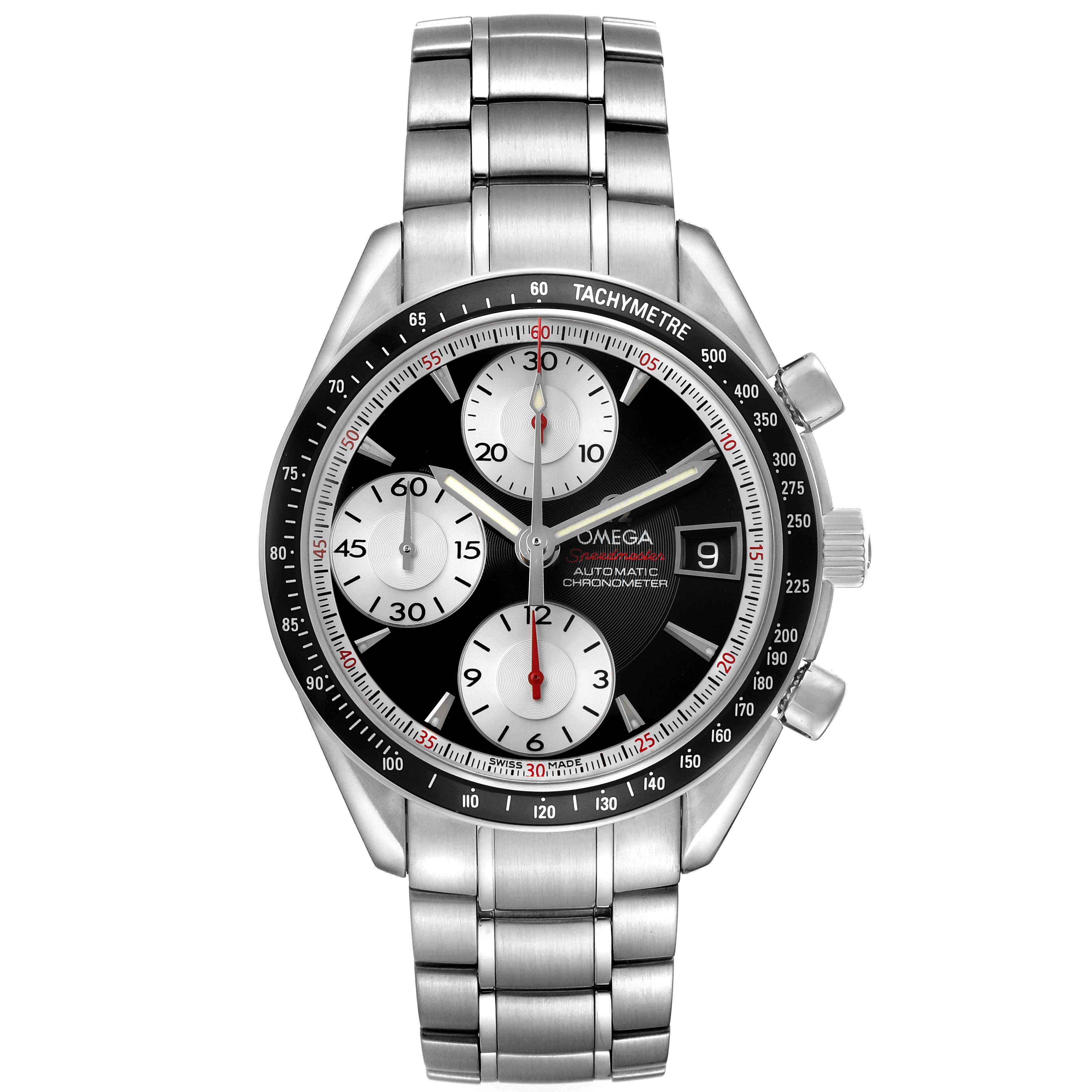 The Omega Speedmaster 3210.51.00 Men's Stainless Steel Black Dial watch is shown from a frontal angle, highlighting the dial, sub-dials, tachymeter, and stainless steel bracelet.