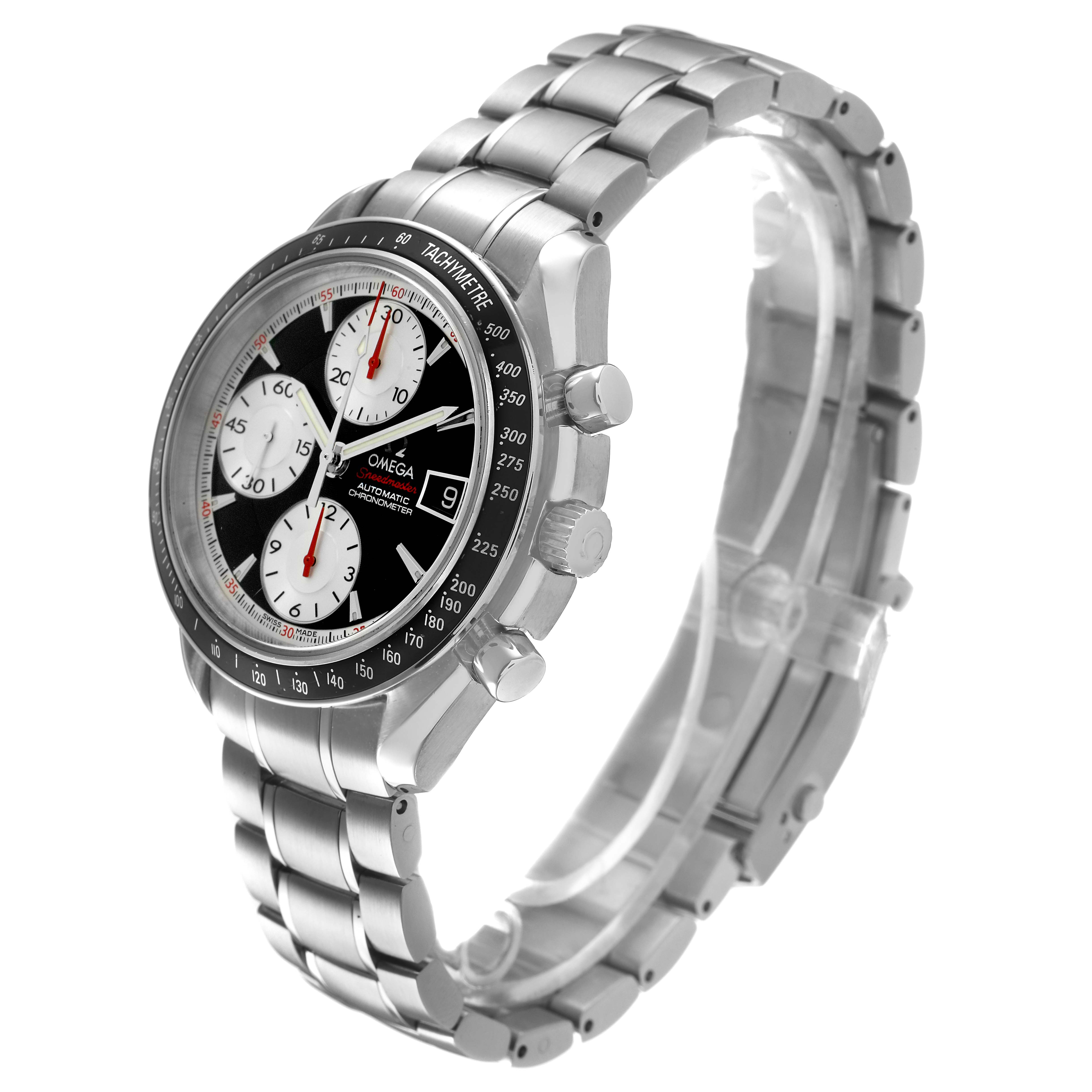 The Omega Speedmaster 3210.51.00 Men's Stainless Steel Black Dial watch is shown from a front-side angle, highlighting the dial, bezel, pushers, and stainless steel bracelet.