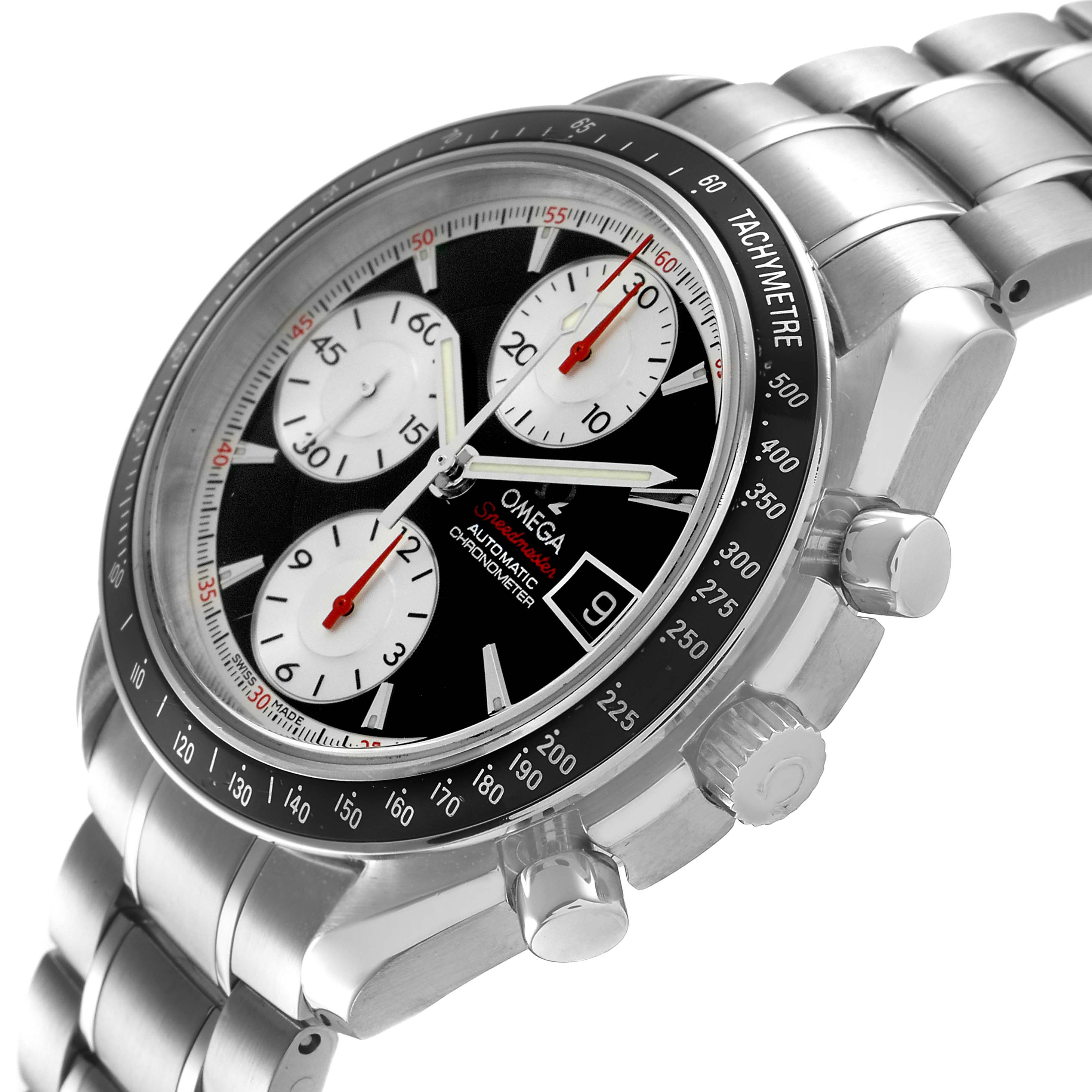 The Omega Speedmaster 3210.51.00 Men's Stainless Steel Black Dial is shown from a three-quarter angle, displaying the bezel, chronograph sub-dials, and bracelet.