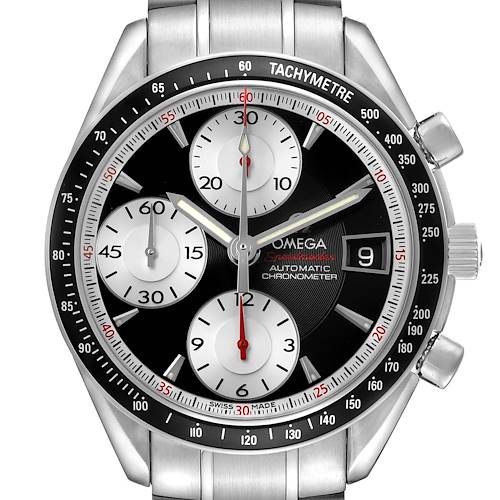 The Omega Speedmaster 3210.51.00 Men's Stainless Steel Black Dial watch is shown from a front angle, displaying the dial, bezel, subdials, and date window.