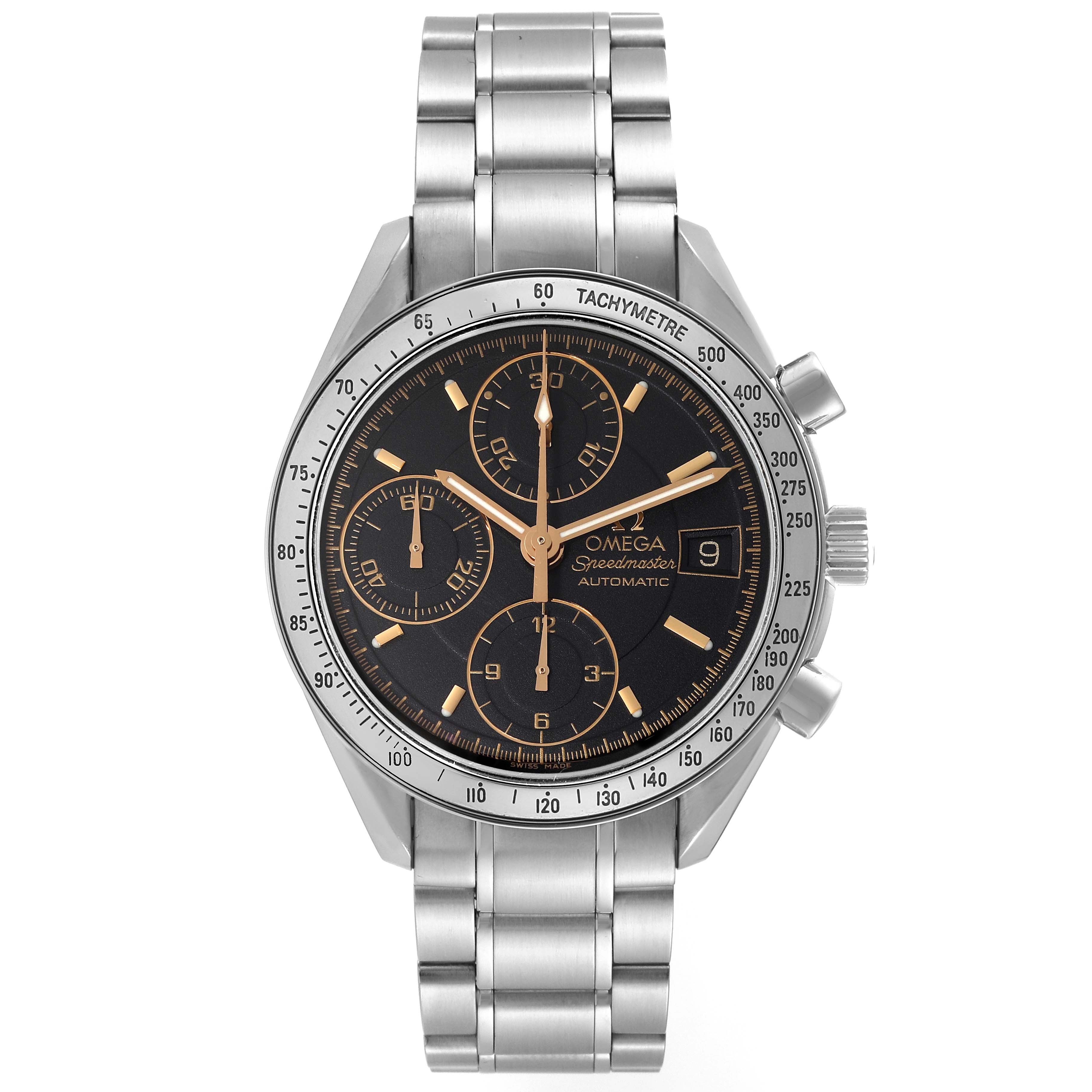 The image shows a frontal view of the Omega Speedmaster 3513.54.00 Men
s Stainless Steel Black Dial 3513.54.00 Men
s Stainless Steel Black Dial watch, highlighting its stainless steel bracelet, tachymeter bezel, and chronograph sub-dials.