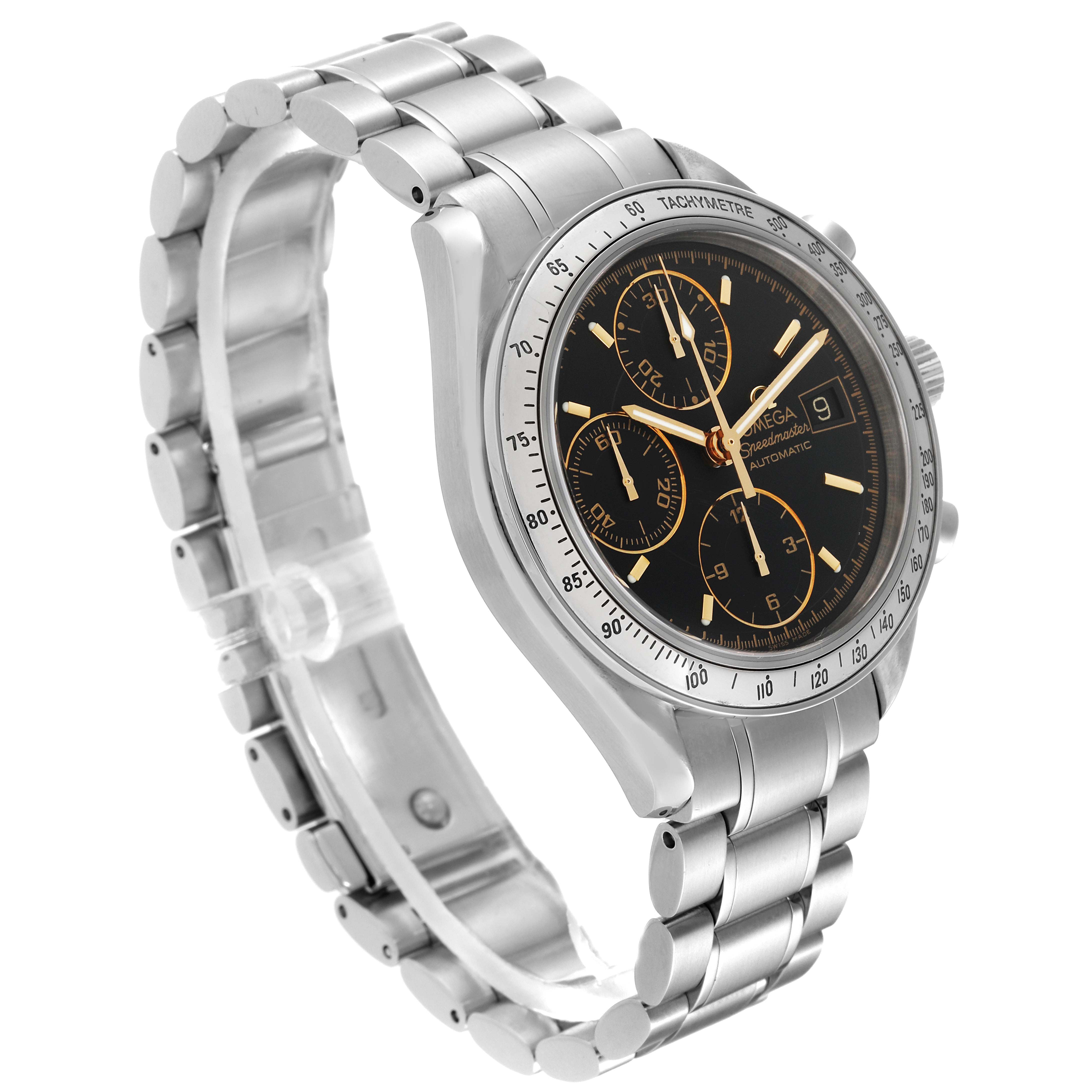 The Omega Speedmaster 3513.54.00 Men
s Stainless Steel Black Dial 3513.54.00 Men
s Stainless Steel Black Dial watch is shown at an angle displaying the face, bezel, and bracelet in detail.