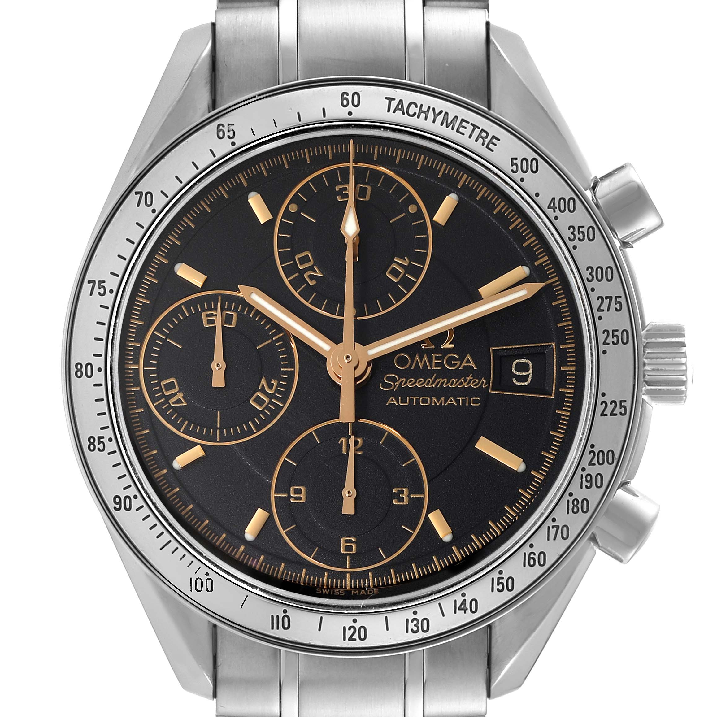 The image shows a front view of an Omega Speedmaster 3513.54.00 Men
s Stainless Steel Black Dial 3513.54.00 Men
s Stainless Steel Black Dial watch, highlighting its black dial, chronograph sub-dials, and tachymeter bezel.
