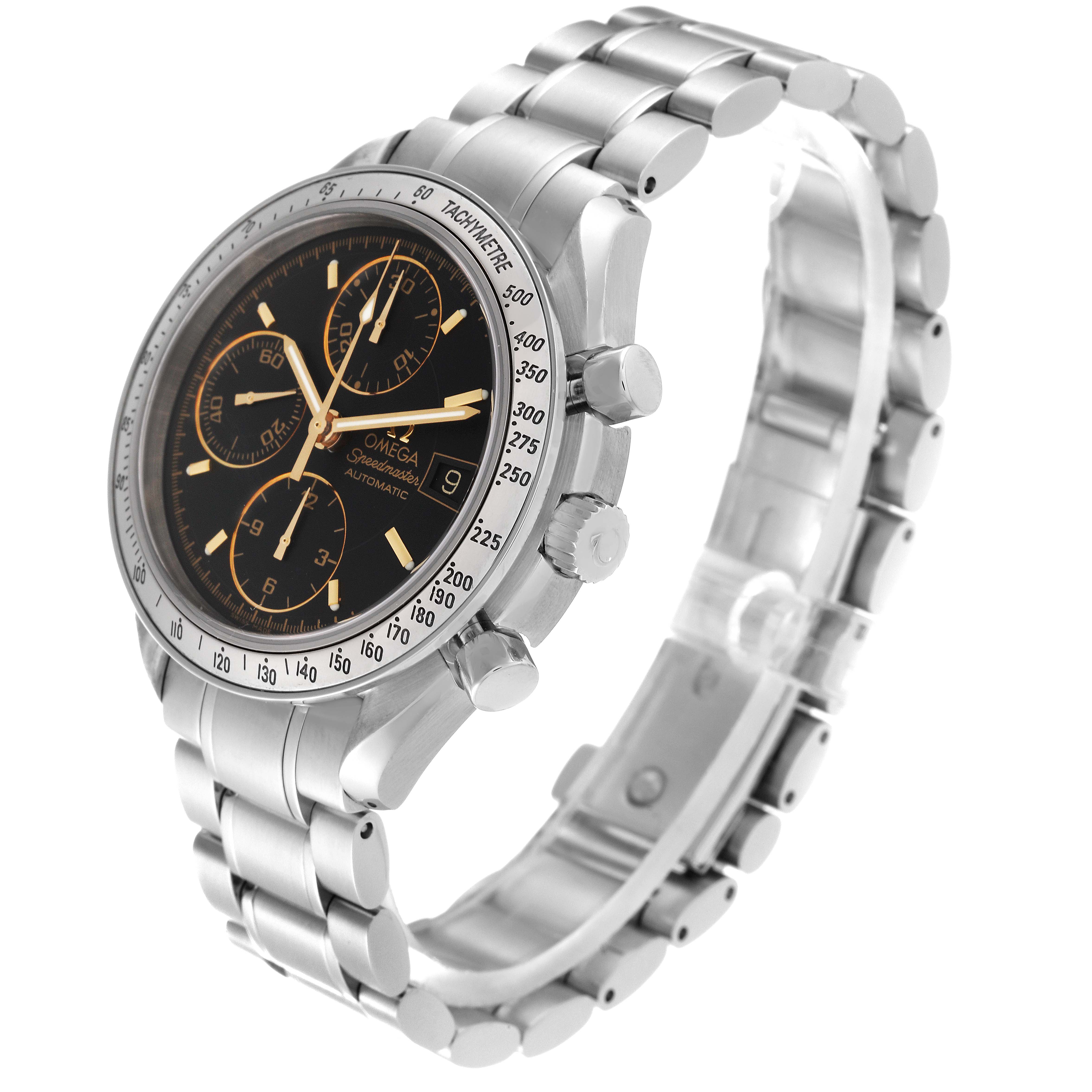 The Omega Speedmaster 3513.54.00 Men
s Stainless Steel Black Dial 3513.54.00 Men
s Stainless Steel Black Dial watch is shown at an angled perspective, highlighting the face, bezel, bracelet, and pushers.