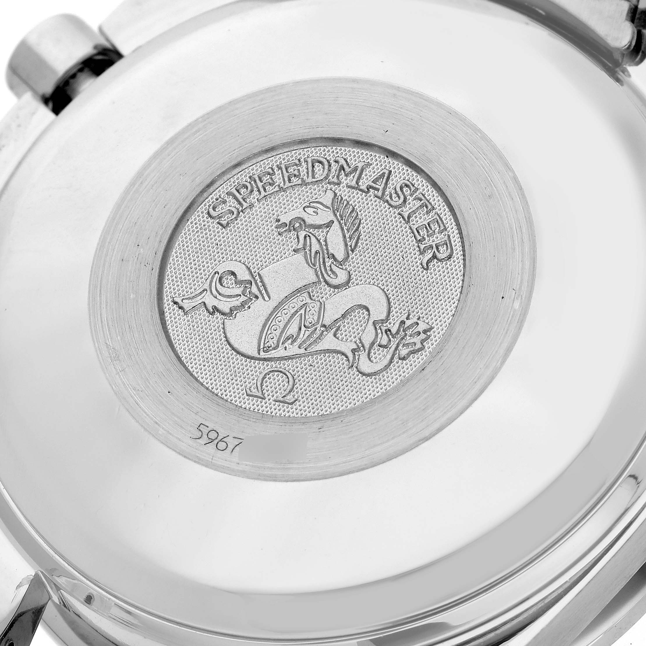 The image shows the case back of an Omega Speedmaster 3513.54.00 Men
s Stainless Steel Black Dial 3513.54.00 Men
s Stainless Steel Black Dial watch, featuring its engraved logo and text.