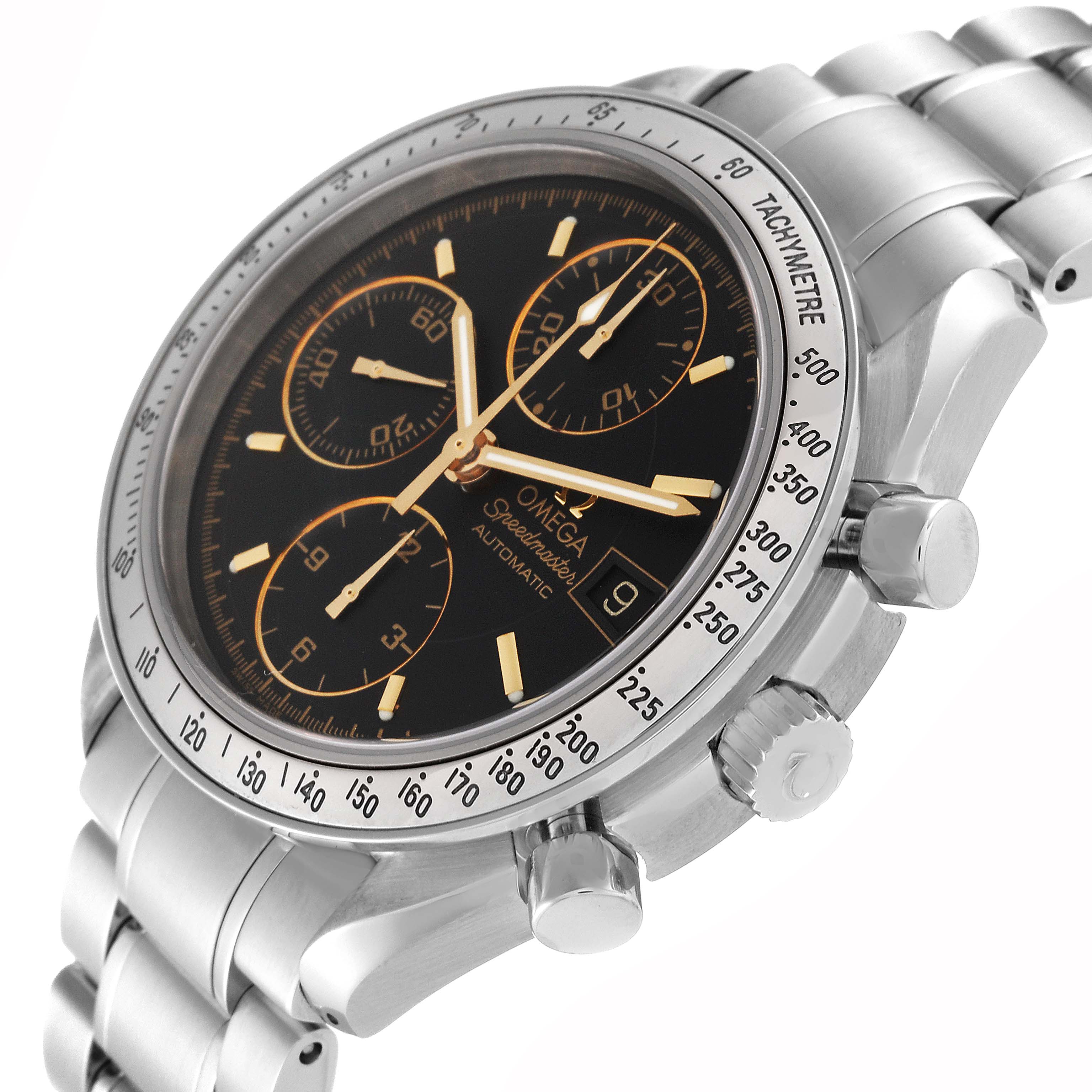 The image shows a close-up angle of the Omega Speedmaster 3513.54.00 Men
s Stainless Steel Black Dial 3513.54.00 Men
s Stainless Steel Black Dial watch face, bezel, and part of its bracelet.
