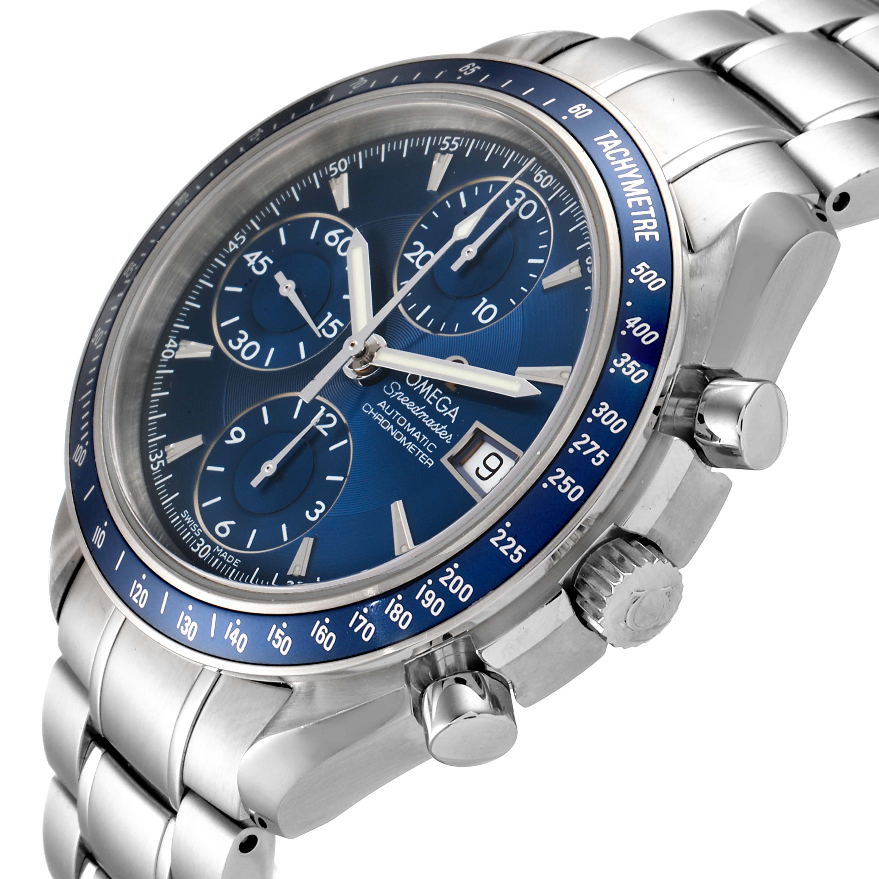 The image shows an angled view of an Omega Speedmaster 3212.80.00 Men
s Stainless Steel Blue Dial 3212.80.00 Men
s Stainless Steel Blue Dial watch displaying the face, chronograph dials, crown, and pushers.