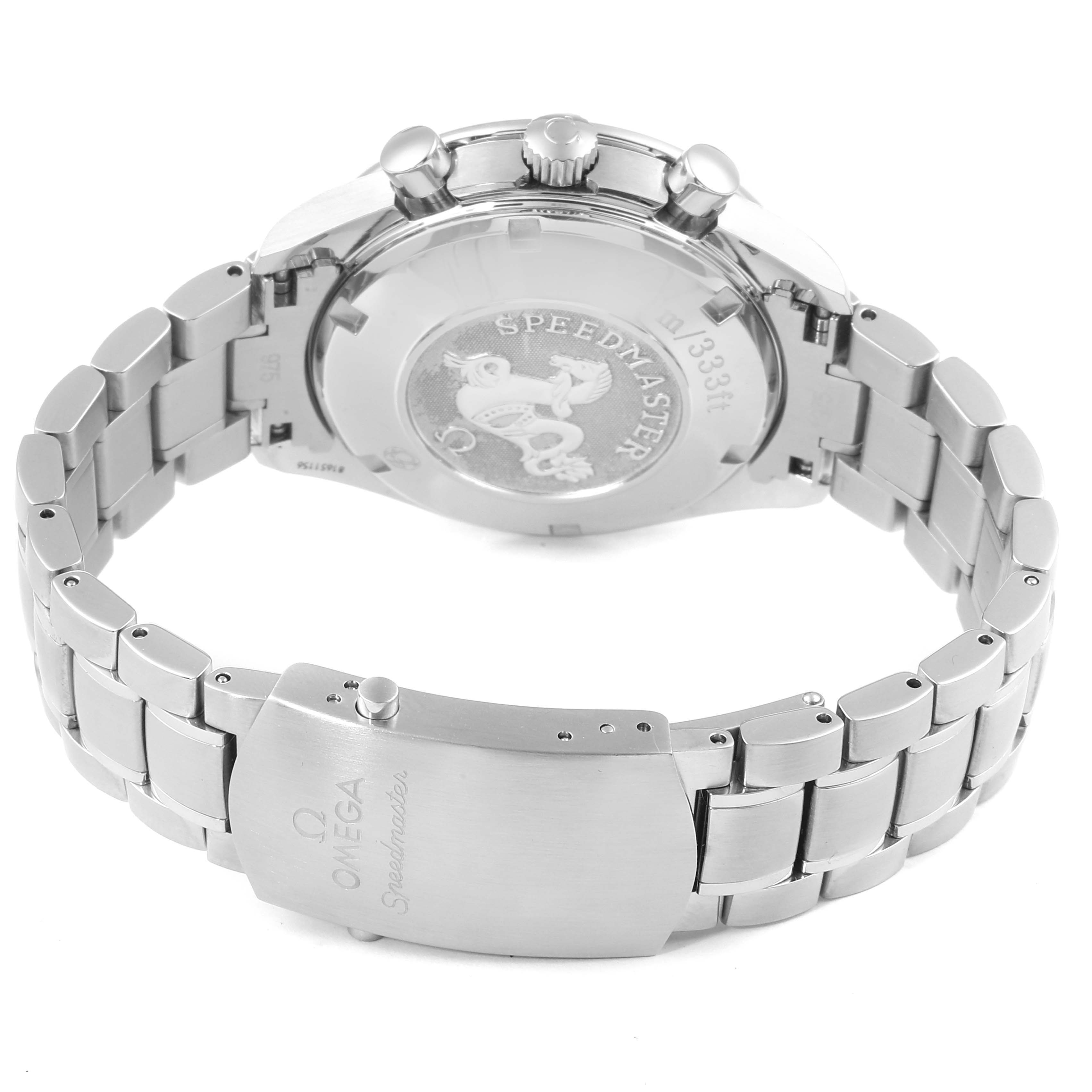 This image shows the back case and bracelet of the Omega Speedmaster 3212.80.00 Men
s Stainless Steel Blue Dial 3212.80.00 Men
s Stainless Steel Blue Dial watch from a rear angle.