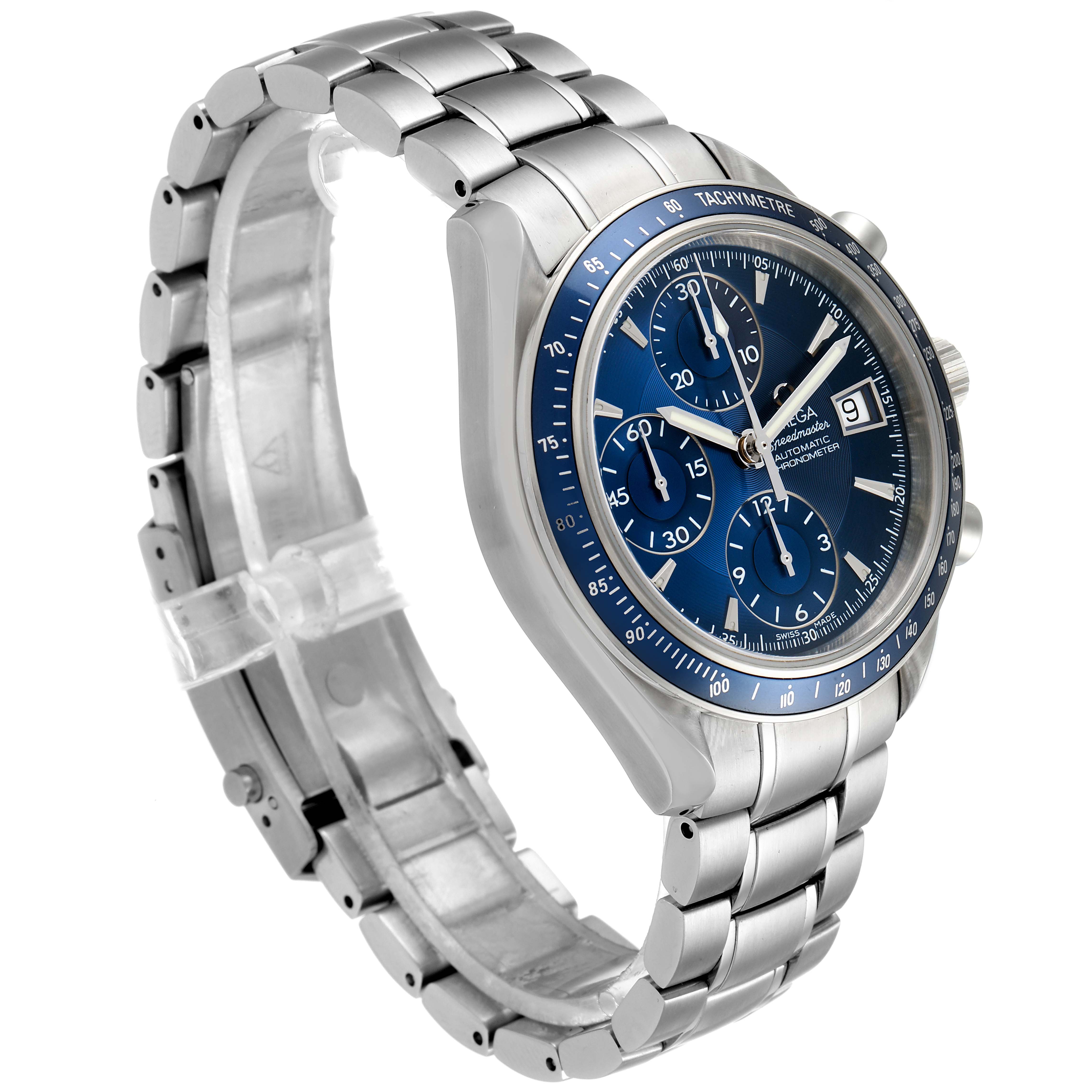 The image shows an Omega Speedmaster 3212.80.00 Men
s Stainless Steel Blue Dial 3212.80.00 Men
s Stainless Steel Blue Dial watch at a three-quarter angle, highlighting its bracelet, clasp, case, dial, and tachymeter bezel.