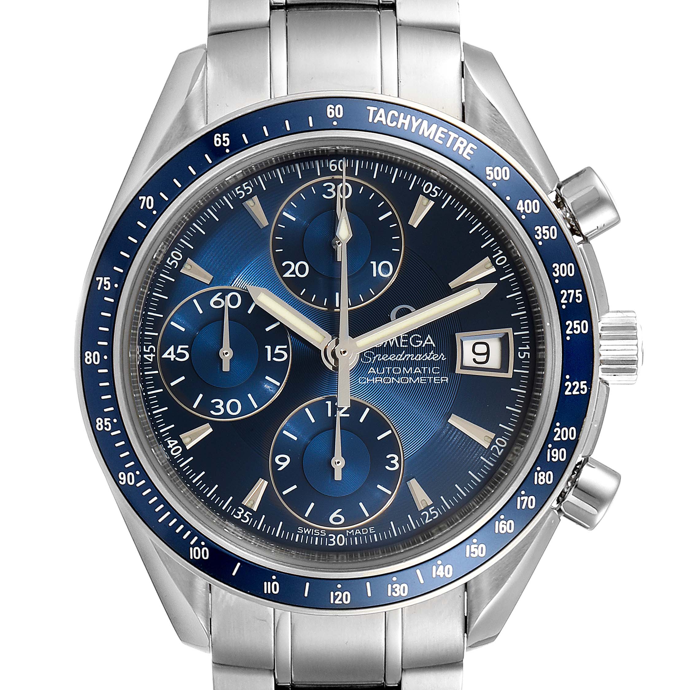 The image shows a front view of an Omega Speedmaster 3212.80.00 Men
s Stainless Steel Blue Dial 3212.80.00 Men
s Stainless Steel Blue Dial watch featuring the dial, tachymeter bezel, chronograph subdials, and date window.