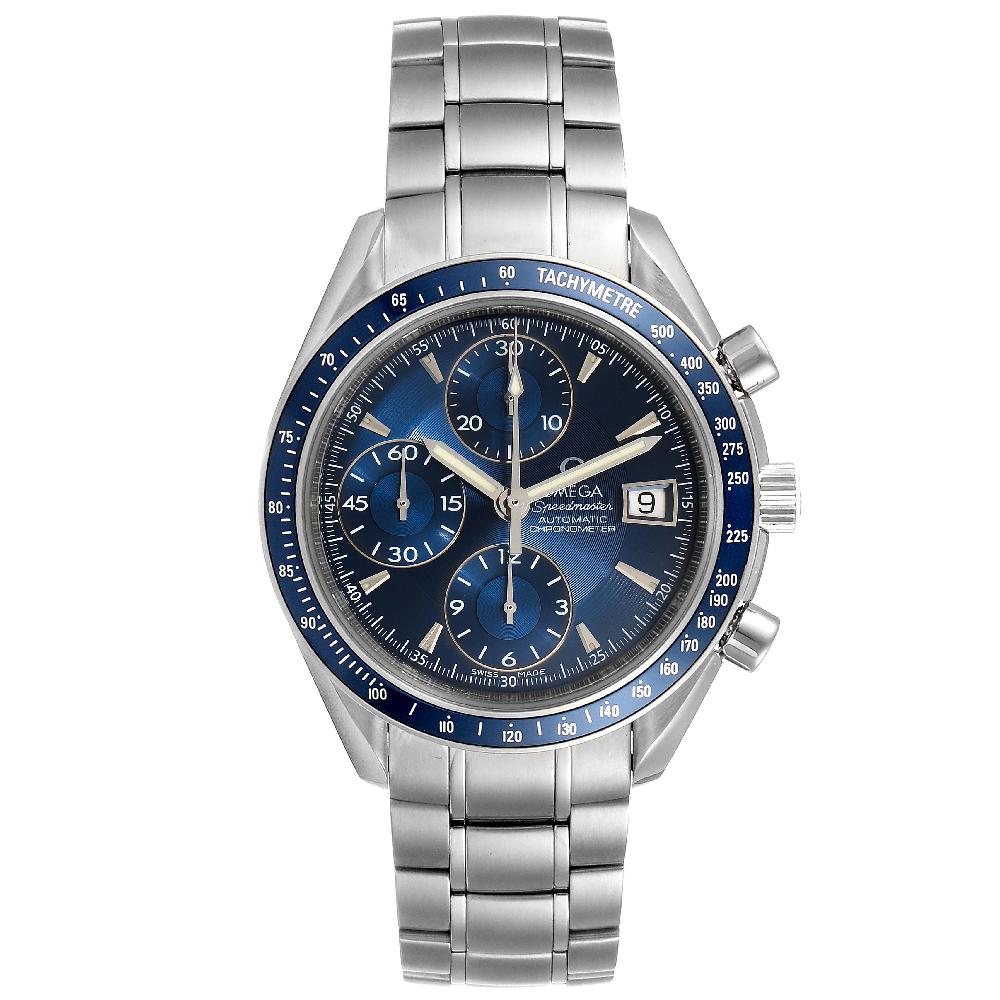 The image shows a frontal view of the Omega Speedmaster 3212.80.00 Men
s Stainless Steel Blue Dial 3212.80.00 Men
s Stainless Steel Blue Dial watch with a blue dial and metal bracelet.