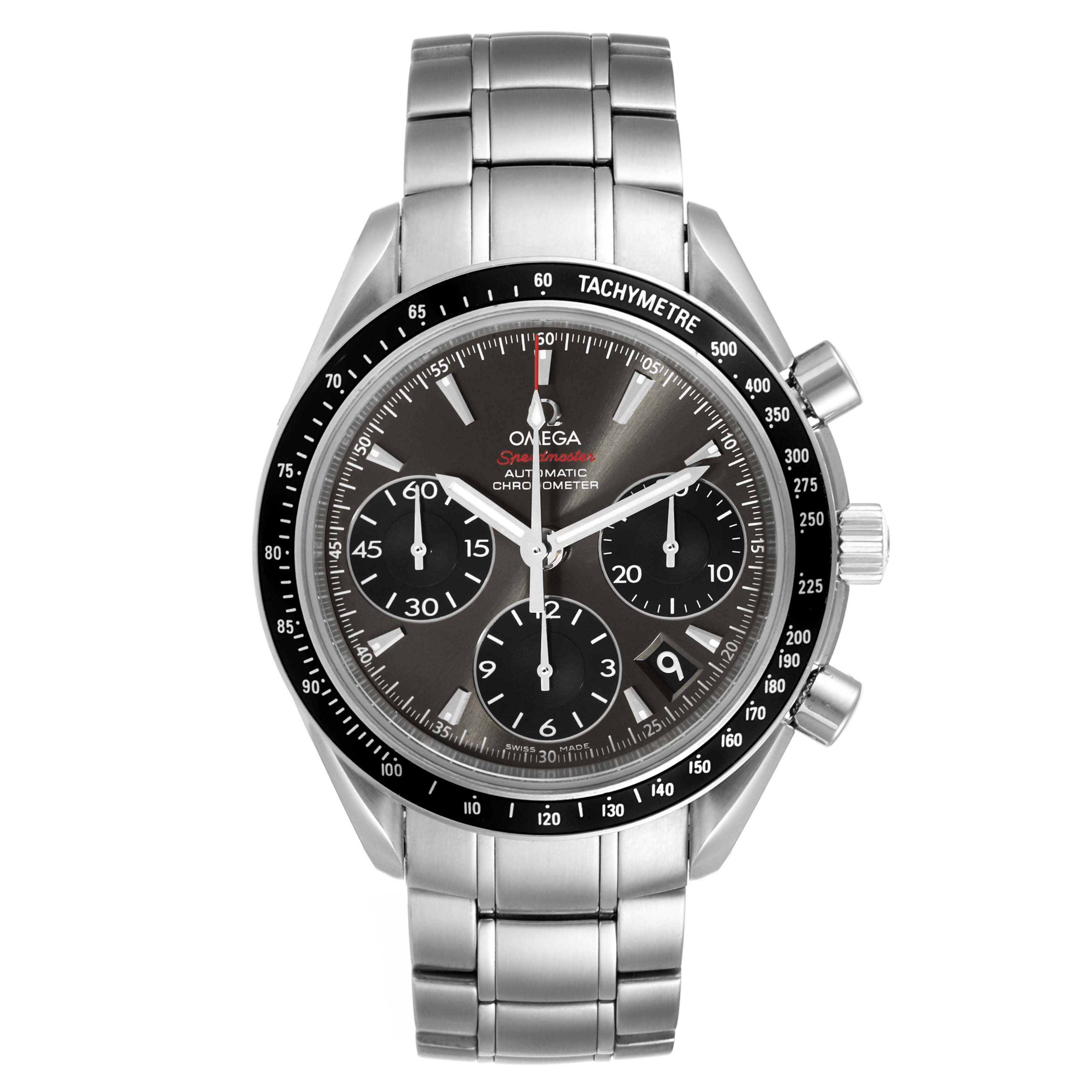 This image shows a frontal view of an Omega Speedmaster 323.30.40.40.06.001 Men's Stainless Steel Grey Dial 323.30.40.40.06.001 Men's Stainless Steel Grey Dial watch, displaying its dial, bezel, chronograph subdials, and metal bracelet.
