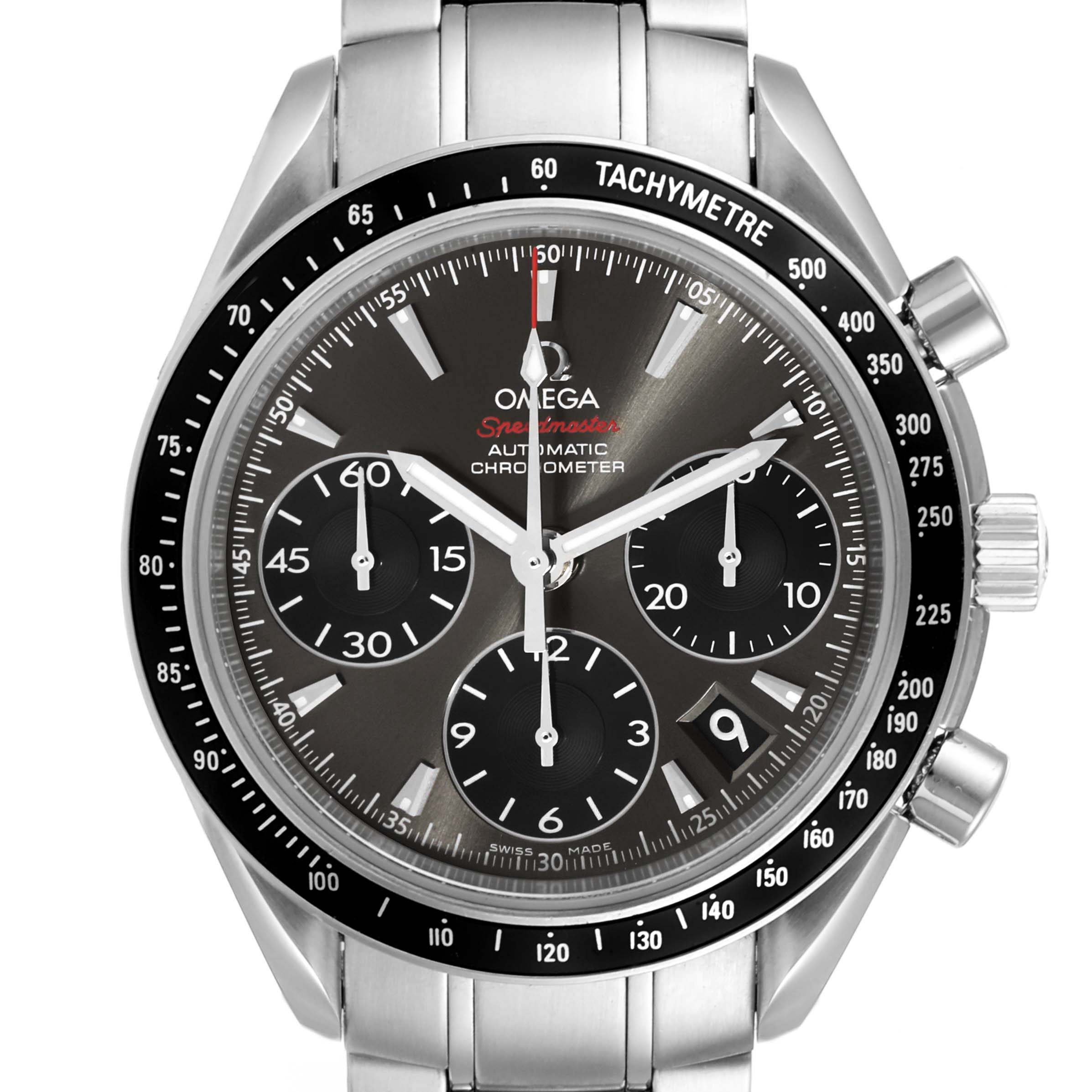 The image shows a frontal view of an Omega Speedmaster 323.30.40.40.06.001 Men's Stainless Steel Grey Dial 323.30.40.40.06.001 Men's Stainless Steel Grey Dial watch, displaying its dial, subdials, tachymeter bezel, and part of the metal bracelet.