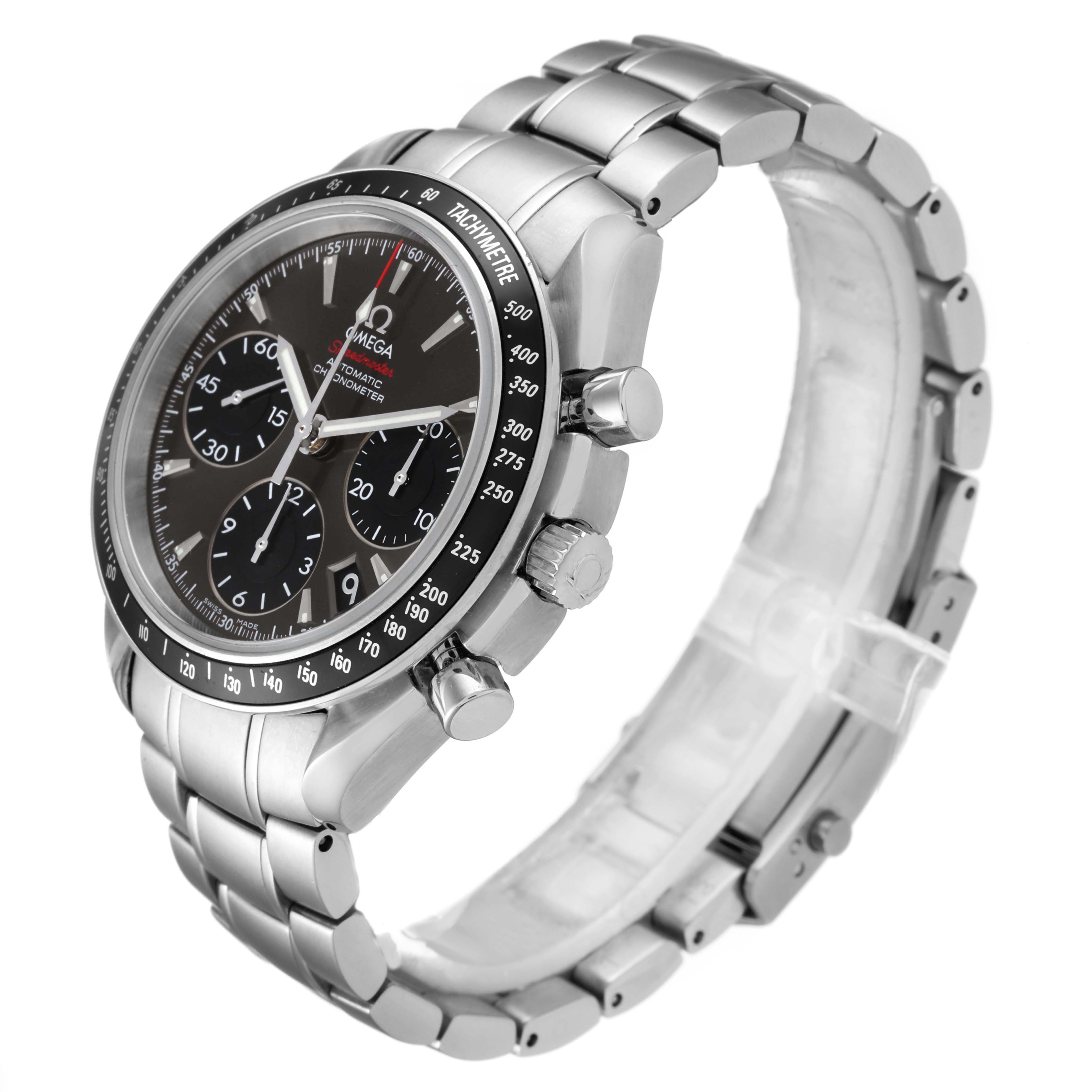 This Omega Speedmaster 323.30.40.40.06.001 Men's Stainless Steel Grey Dial 323.30.40.40.06.001 Men's Stainless Steel Grey Dial watch is shown at a slight angle, highlighting the face, buttons, and part of the metal bracelet.