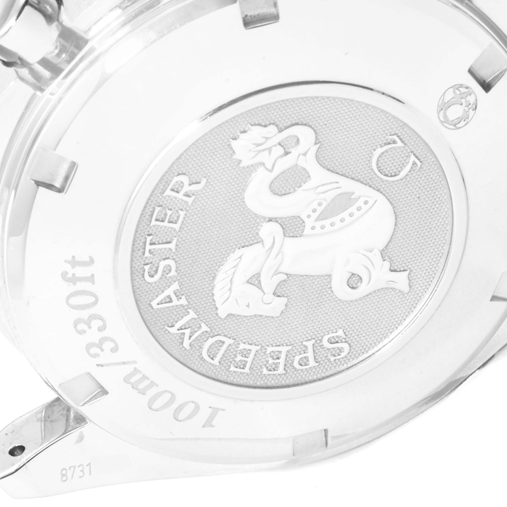 This image shows the back casing of an Omega Speedmaster 323.30.40.40.06.001 Men's Stainless Steel Grey Dial 323.30.40.40.06.001 Men's Stainless Steel Grey Dial watch, highlighting the embossed logo and water resistance details.