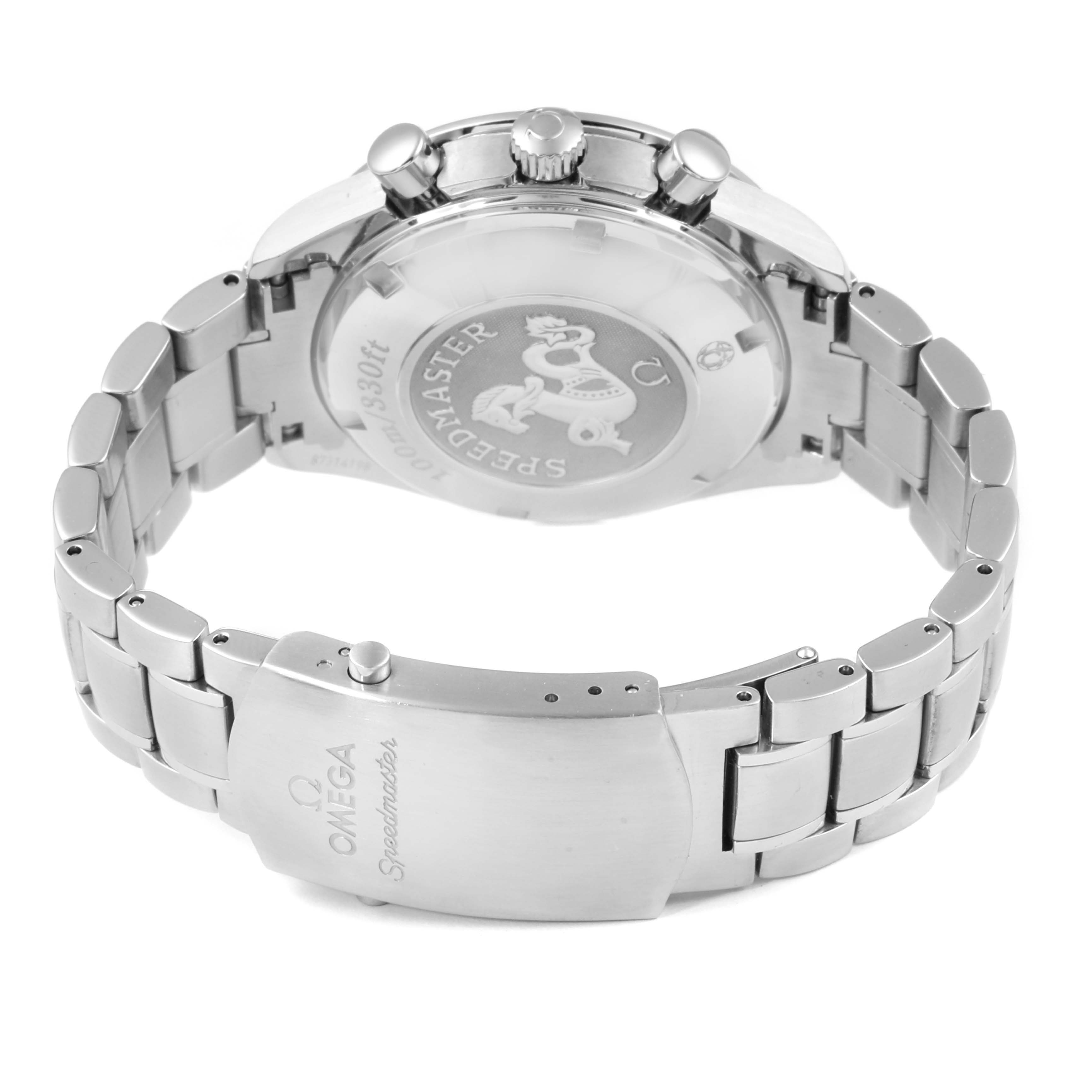 This image showcases the back and clasp of an Omega Speedmaster 323.30.40.40.06.001 Men's Stainless Steel Grey Dial 323.30.40.40.06.001 Men's Stainless Steel Grey Dial watch, highlighting its stainless steel bracelet and embossed case back.