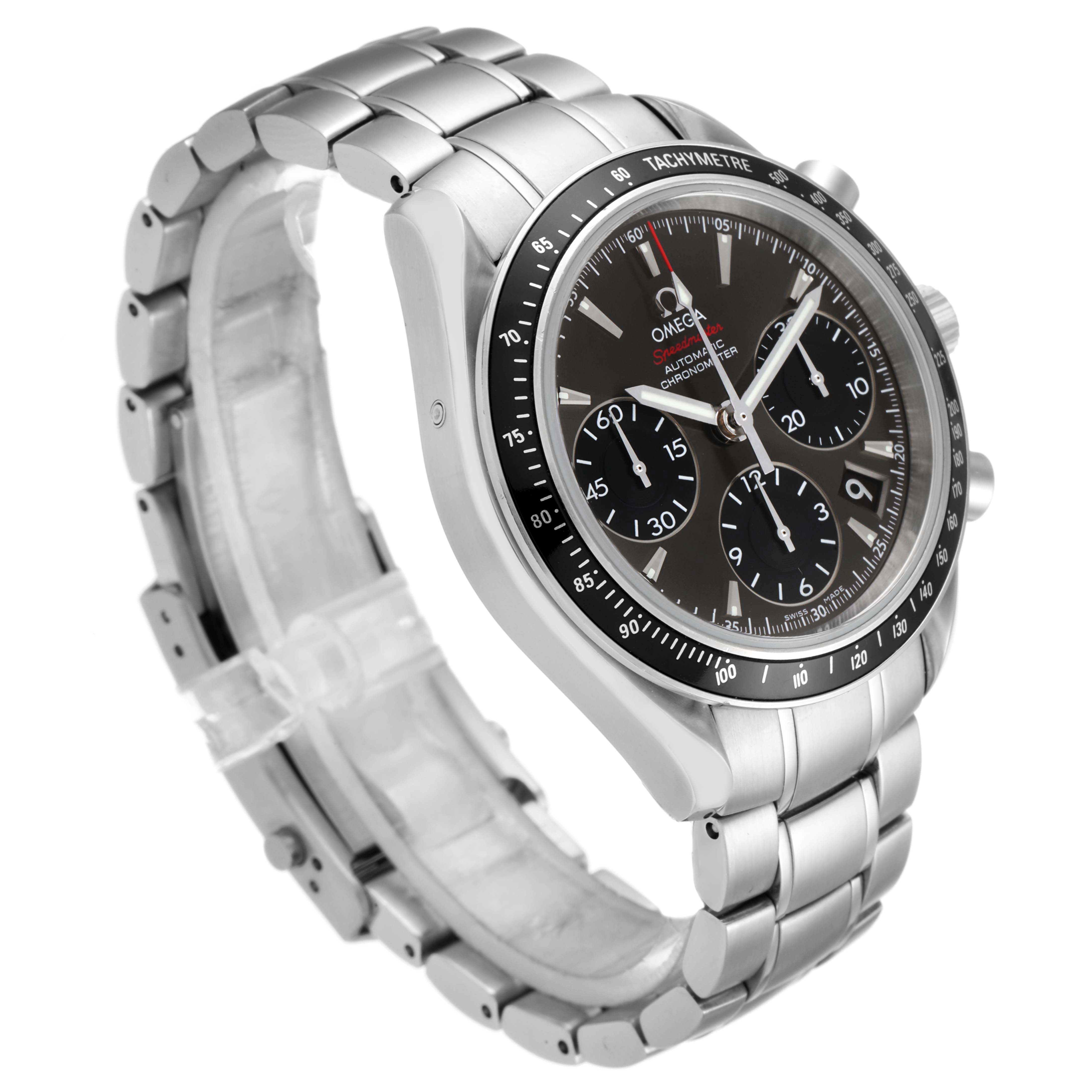 This image shows a side-angle view of the Omega Speedmaster 323.30.40.40.06.001 Men's Stainless Steel Grey Dial 323.30.40.40.06.001 Men's Stainless Steel Grey Dial watch, highlighting its metal bracelet, tachymeter bezel, and chronograph dials.