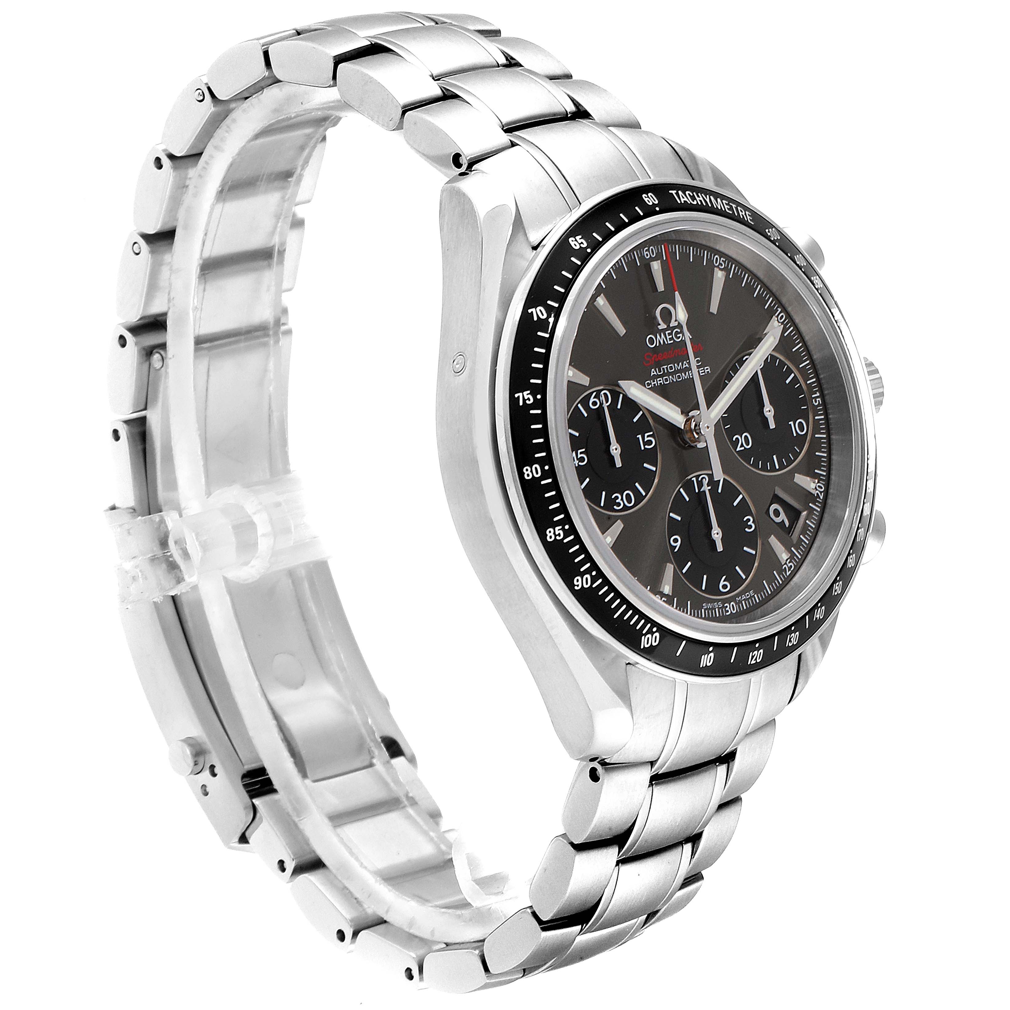 The Omega Speedmaster 323.30.40.40.06.001 Men's Stainless Steel Grey Dial 323.30.40.40.06.001 Men's Stainless Steel Grey Dial watch is shown at a side angle, highlighting its face, bracelet, bezel, and crown.
