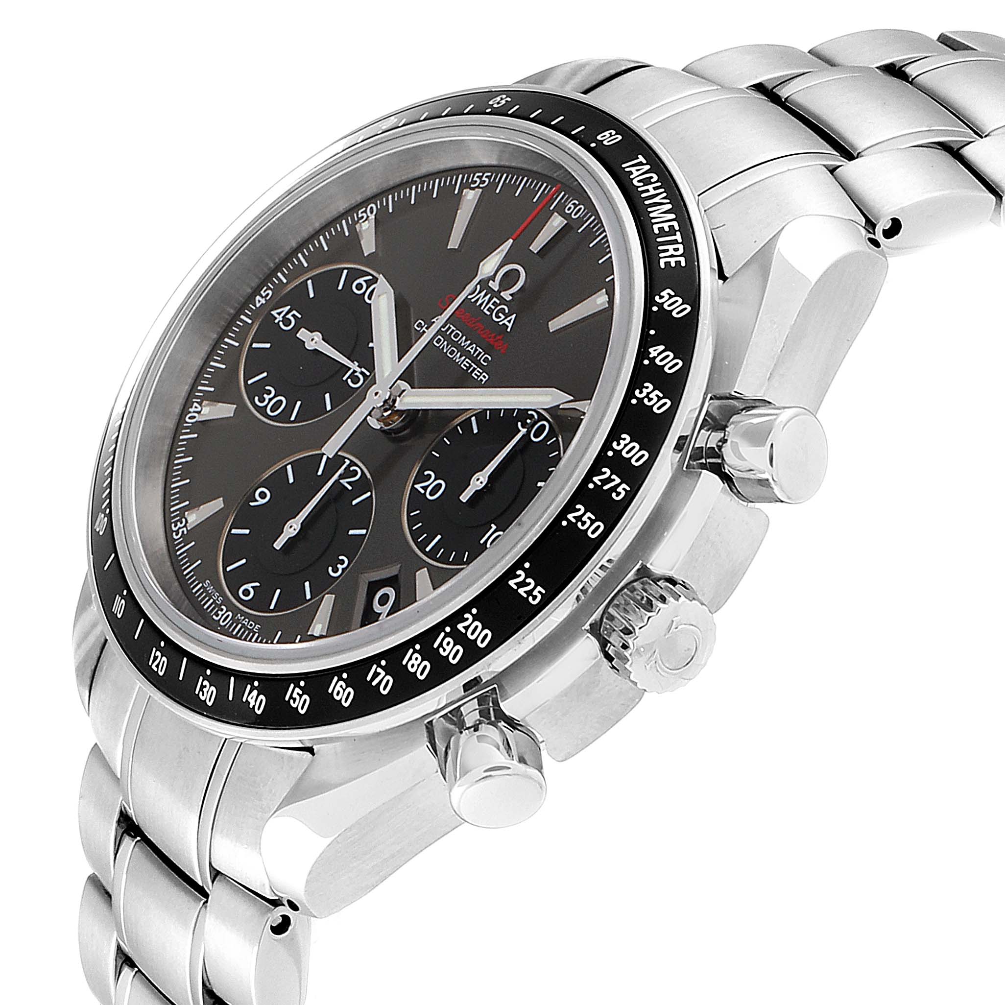 The image shows an angled view of an Omega Speedmaster 323.30.40.40.06.001 Men's Stainless Steel Grey Dial 323.30.40.40.06.001 Men's Stainless Steel Grey Dial, highlighting the watch face, tachymeter bezel, and crown with pushers.