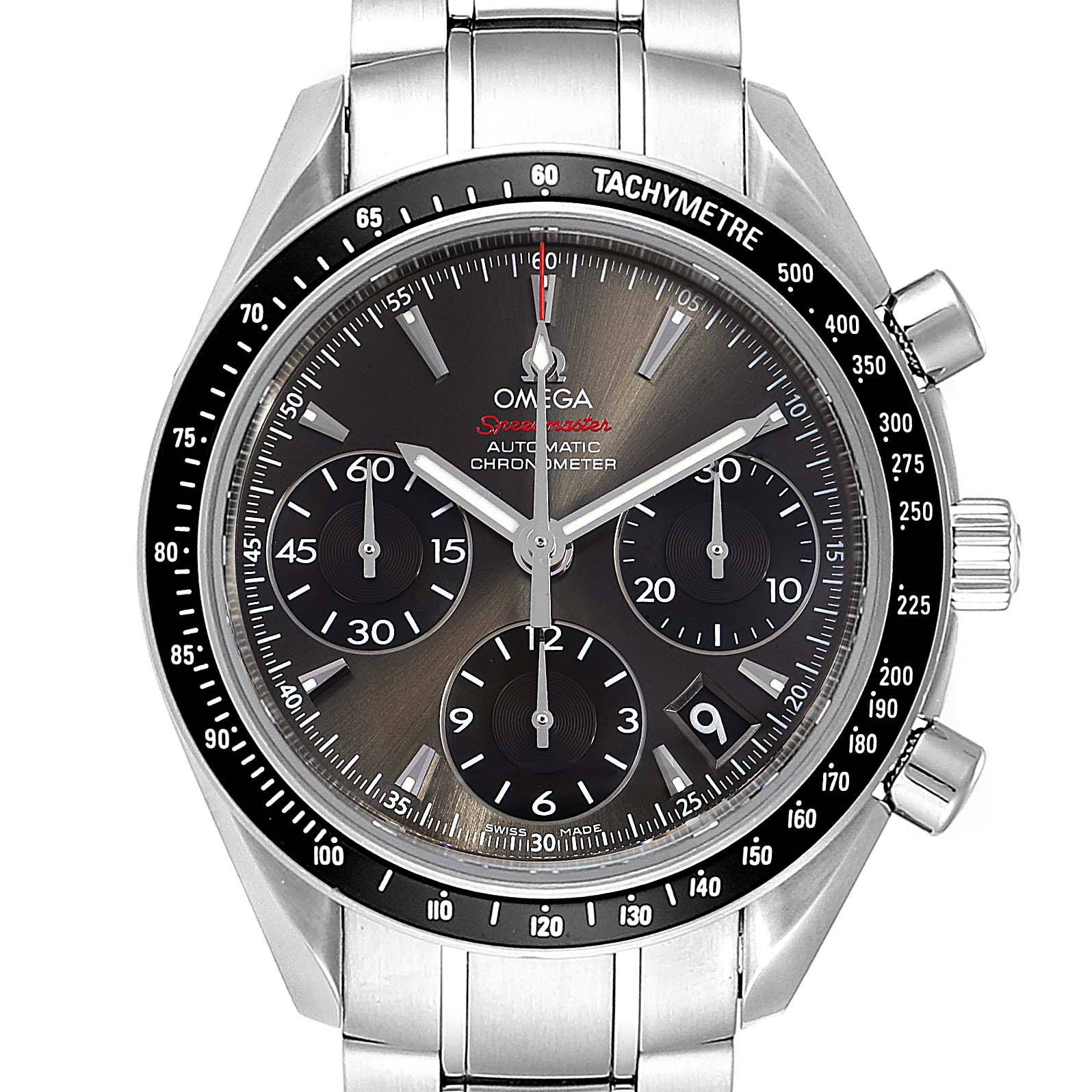 The image shows a front view of the Omega Speedmaster 323.30.40.40.06.001 Men's Stainless Steel Grey Dial 323.30.40.40.06.001 Men's Stainless Steel Grey Dial watch displaying its dial, tachymeter, subdials, and stainless steel bracelet.