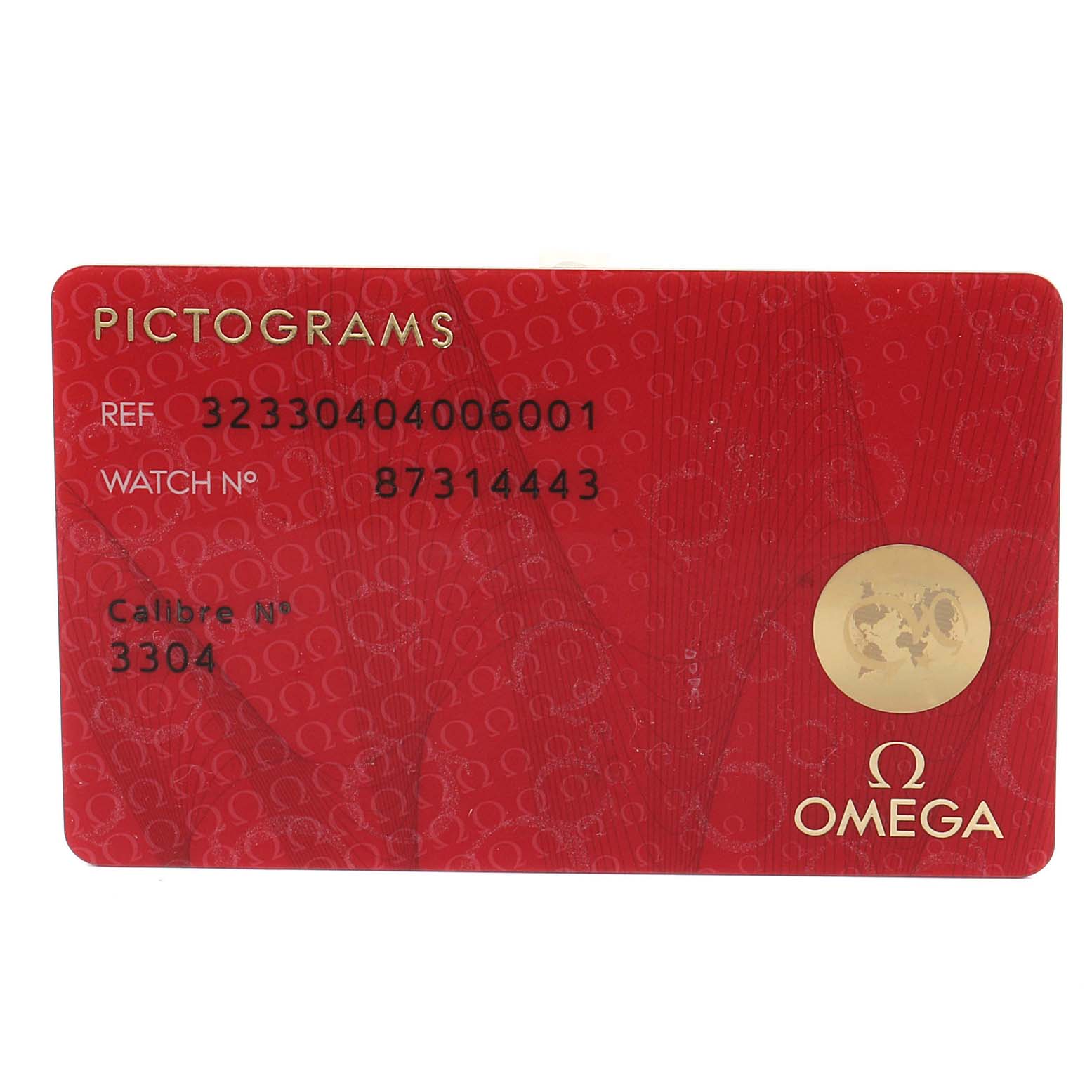 The image shows the identification card for the Omega Speedmaster 323.30.40.40.06.001 Men's Stainless Steel Grey Dial 323.30.40.40.06.001 Men's Stainless Steel Grey Dial watch model.