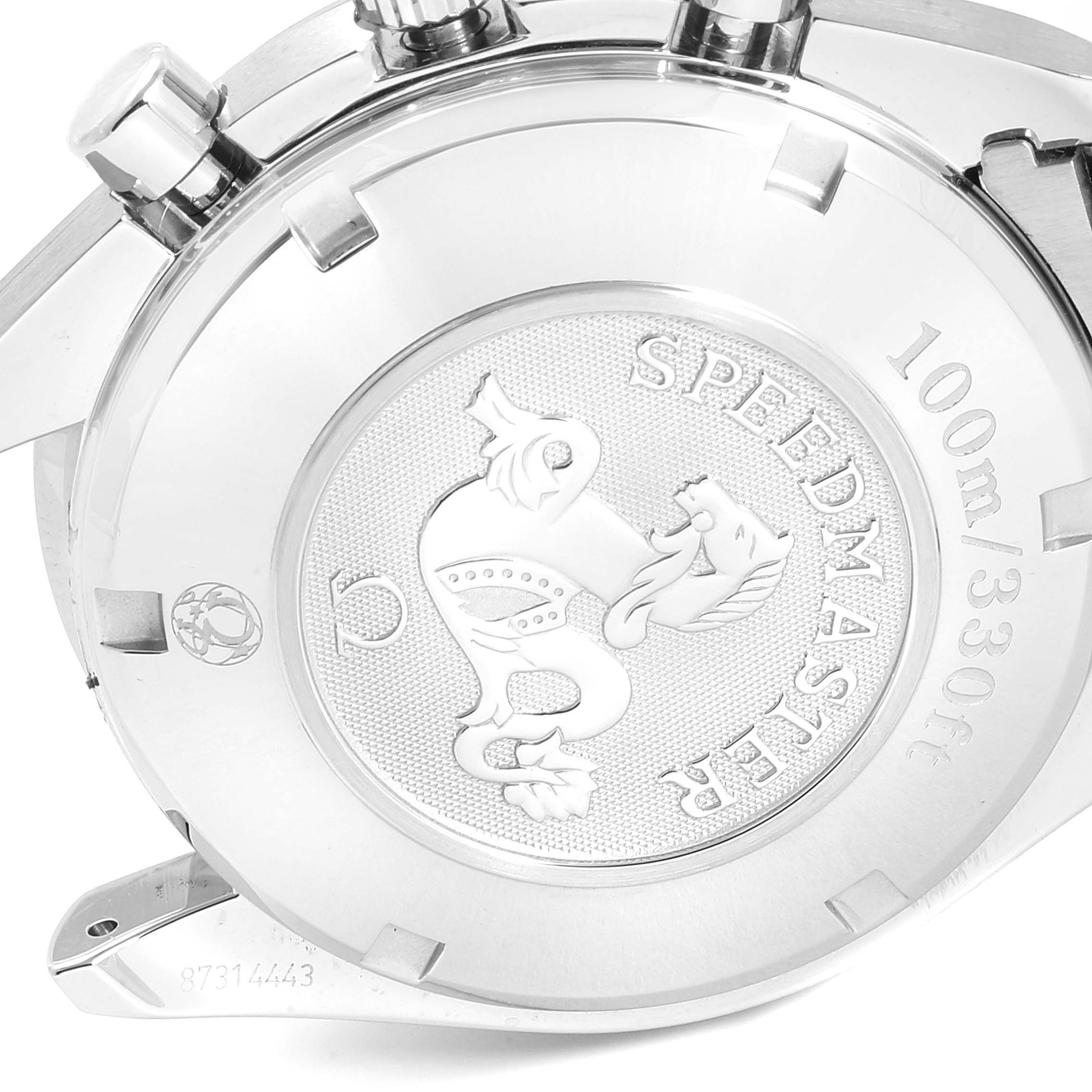 The image shows the back case of an Omega Speedmaster 323.30.40.40.06.001 Men's Stainless Steel Grey Dial 323.30.40.40.06.001 Men's Stainless Steel Grey Dial watch, highlighting the engraved logo and water resistance details.