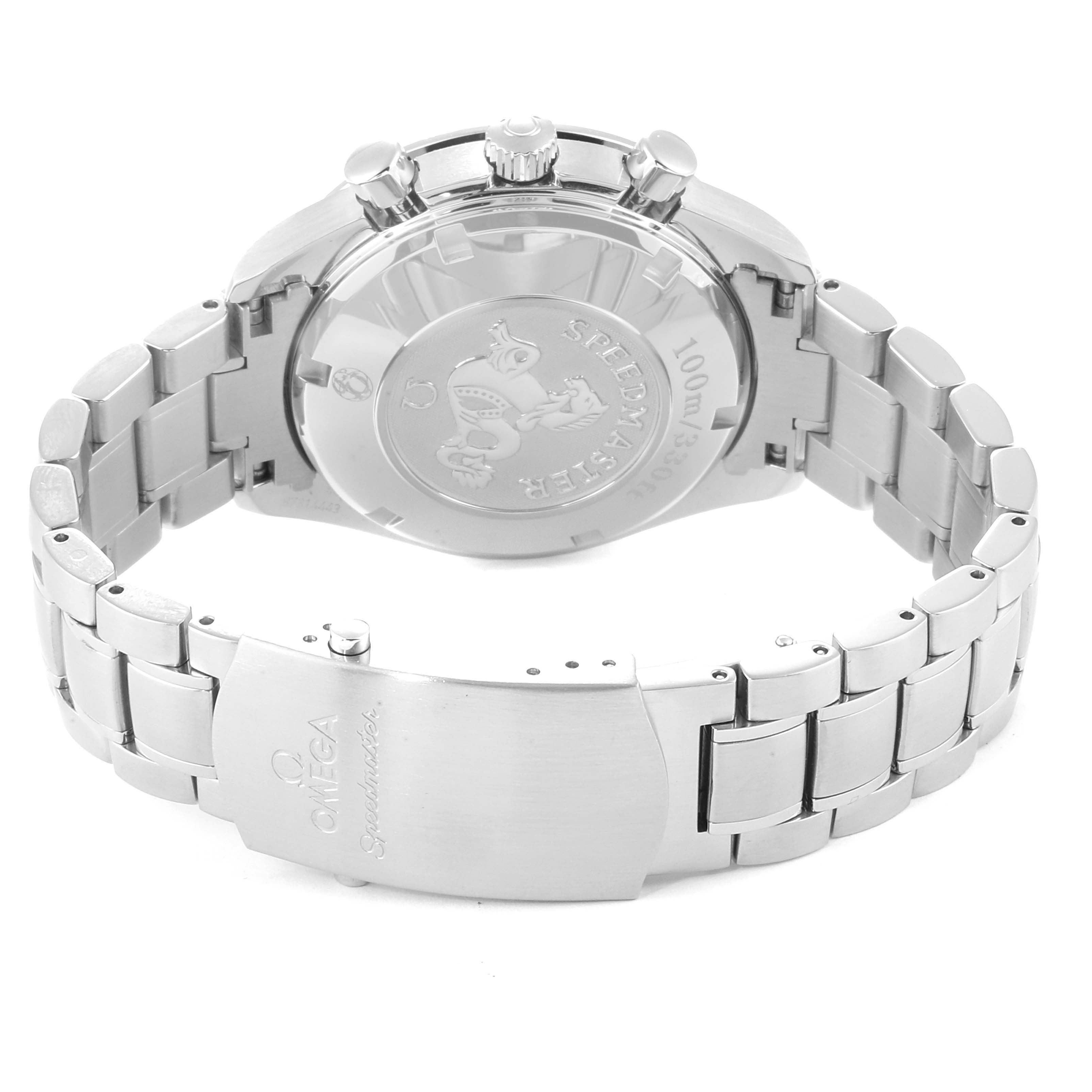 The image shows the back and clasp of the Omega Speedmaster 323.30.40.40.06.001 Men's Stainless Steel Grey Dial 323.30.40.40.06.001 Men's Stainless Steel Grey Dial watch, highlighting its engraving and stainless steel bracelet.