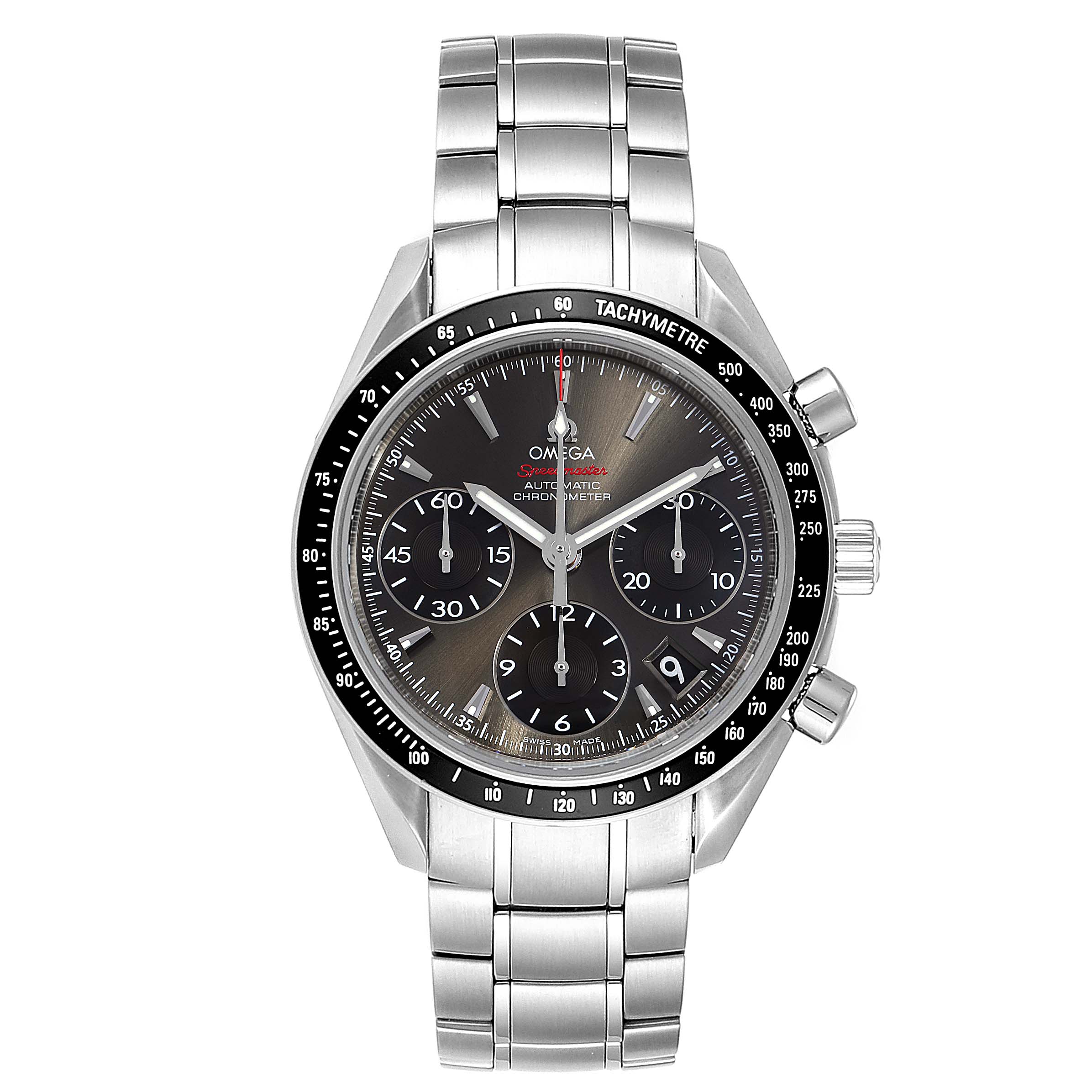 The image shows a front view of the Omega Speedmaster 323.30.40.40.06.001 Men's Stainless Steel Grey Dial 323.30.40.40.06.001 Men's Stainless Steel Grey Dial watch, highlighting its face, bezel, and stainless steel bracelet.