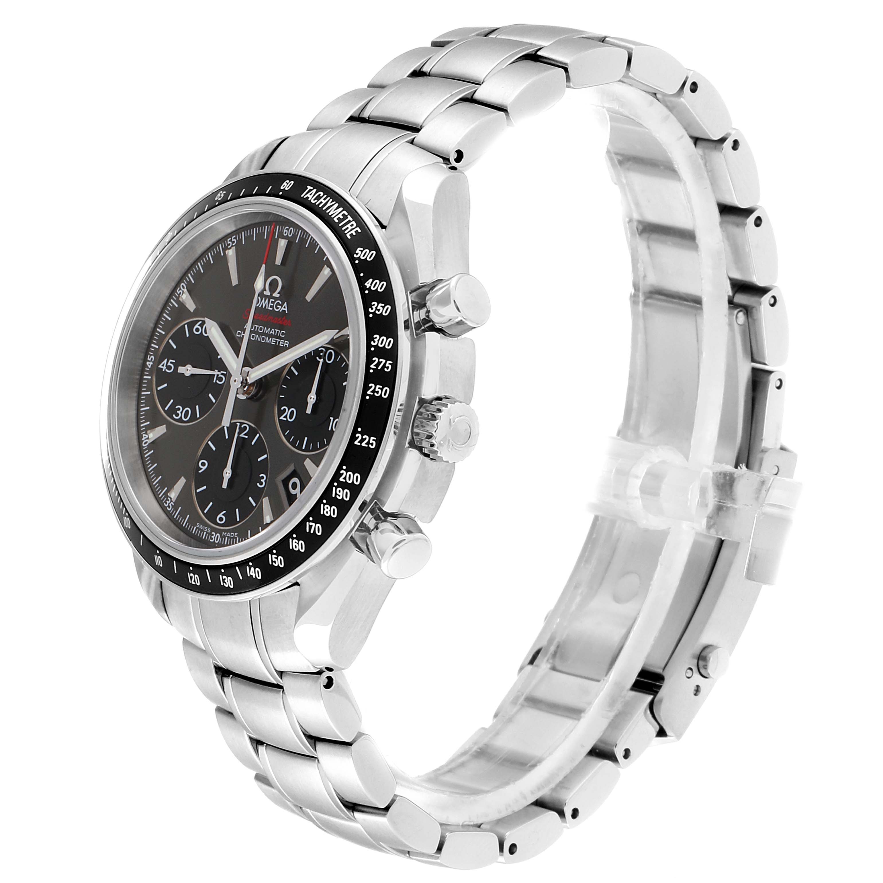 The image shows an Omega Speedmaster 323.30.40.40.06.001 Men's Stainless Steel Grey Dial 323.30.40.40.06.001 Men's Stainless Steel Grey Dial watch from a side angle, revealing the face, bezel, buttons, and metal bracelet.