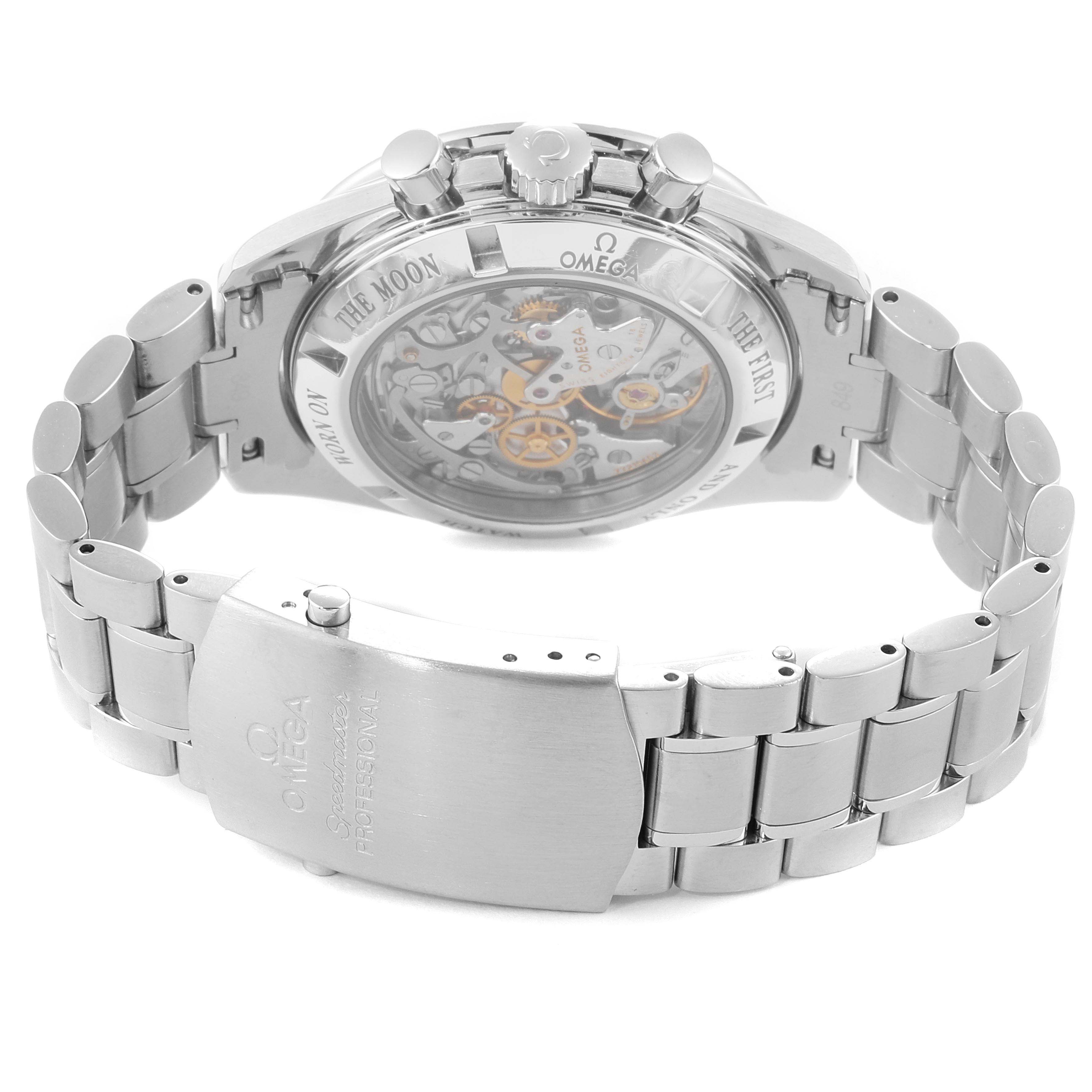 The image shows the back and bracelet clasp of the Omega Speedmaster 311.30.42.30.01.006 Men
s Stainless Steel Black Dial 311.30.42.30.01.006 Men
s Stainless Steel Black Dial, highlighting its see-through case back and metal bracelet.