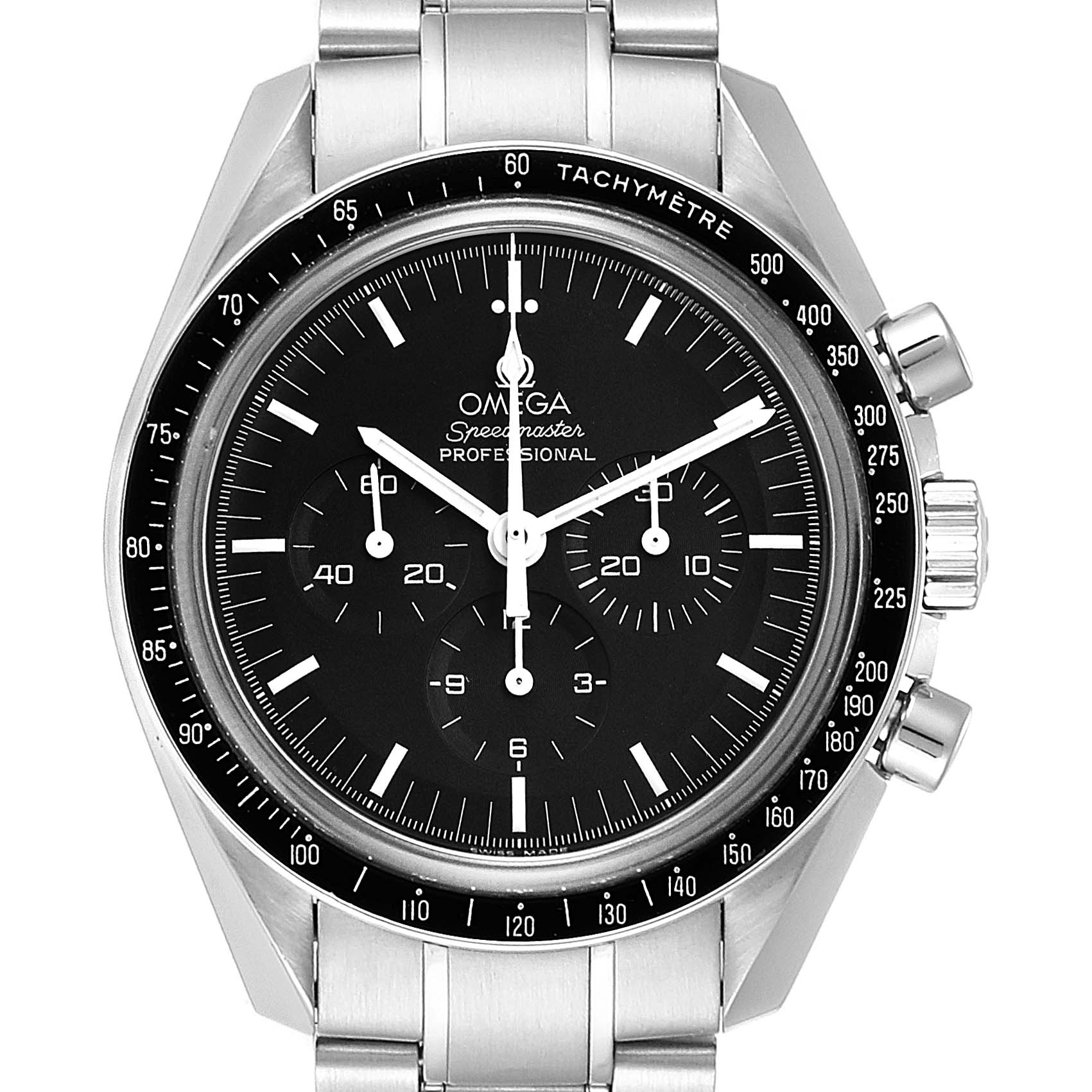 The image shows a frontal view of the Omega Speedmaster 311.30.42.30.01.006 Men
s Stainless Steel Black Dial 311.30.42.30.01.006 Men
s Stainless Steel Black Dial watch, highlighting its black dial, tachymeter bezel, and metal bracelet.