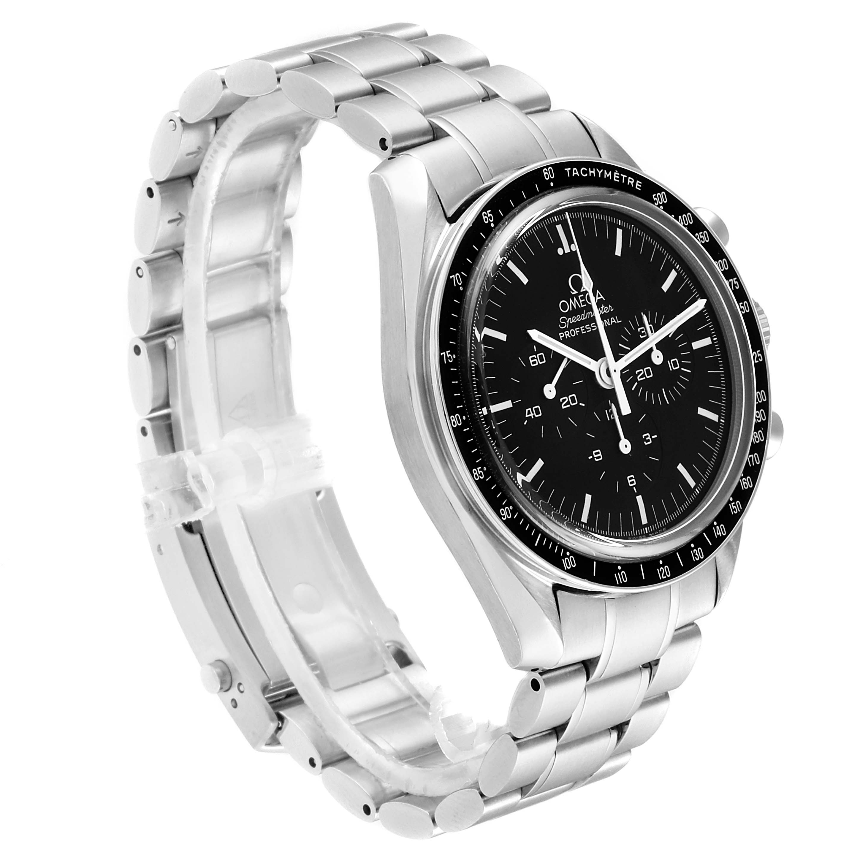 The Omega Speedmaster 311.30.42.30.01.006 Men
s Stainless Steel Black Dial 311.30.42.30.01.006 Men
s Stainless Steel Black Dial watch is shown at a three-quarter angle, displaying the face and stainless steel bracelet.