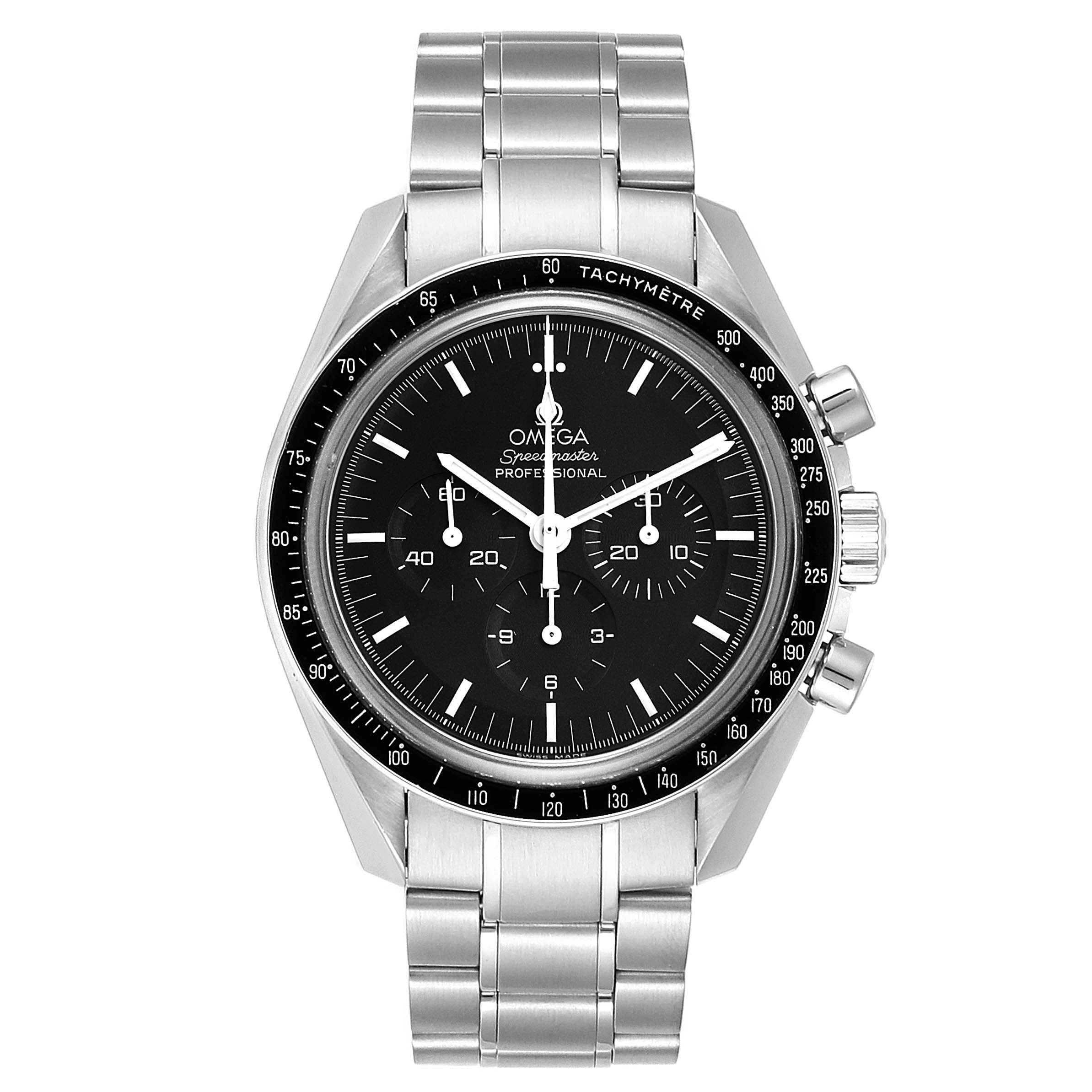 The image shows a front-facing view of an Omega Speedmaster 311.30.42.30.01.006 Men
s Stainless Steel Black Dial 311.30.42.30.01.006 Men
s Stainless Steel Black Dial model with a stainless steel bracelet and tachymeter bezel.