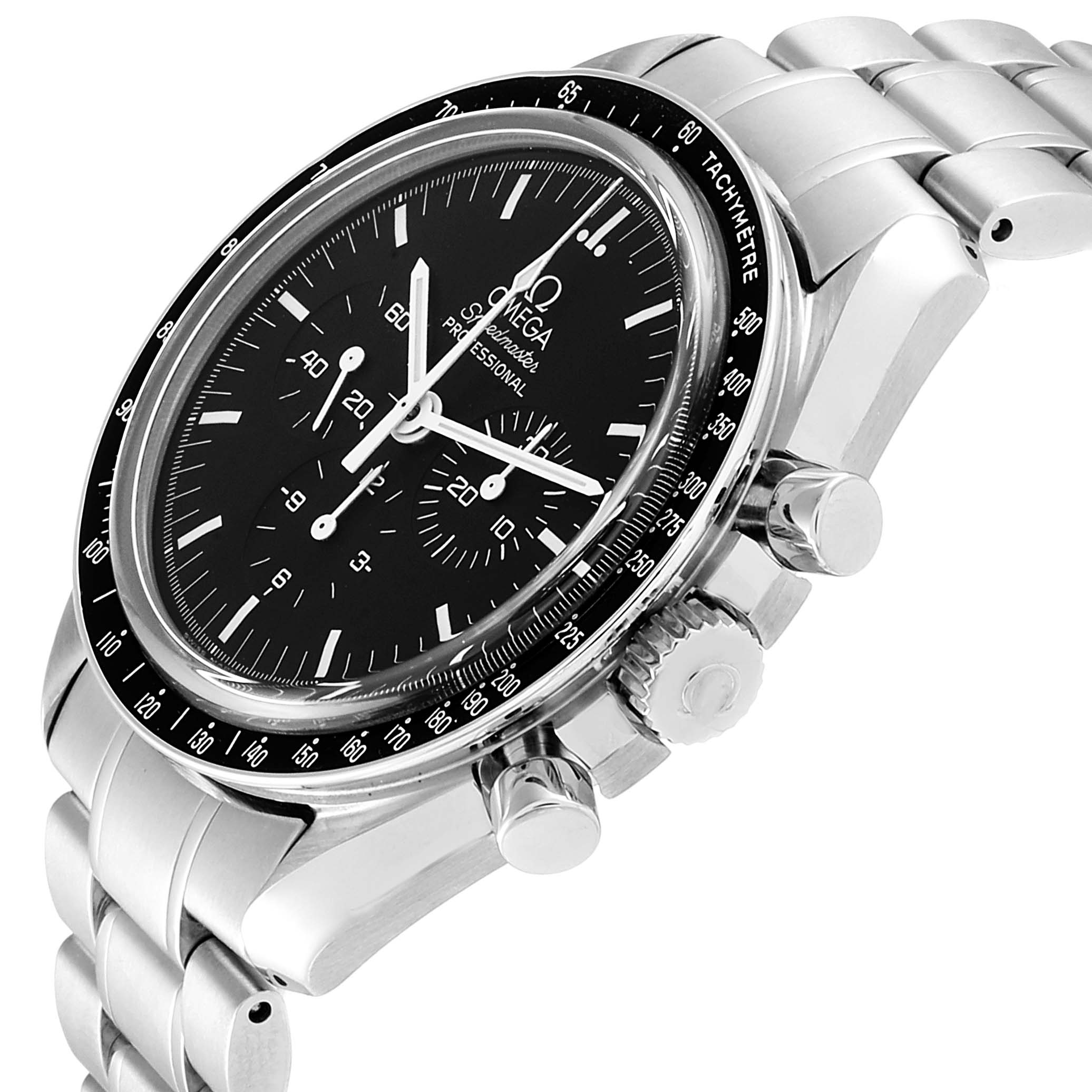 The image shows an angled view of the Omega Speedmaster 311.30.42.30.01.006 Men
s Stainless Steel Black Dial 311.30.42.30.01.006 Men
s Stainless Steel Black Dial, displaying the dial, bezel, crown, pushers, and part of the stainless steel bracelet.