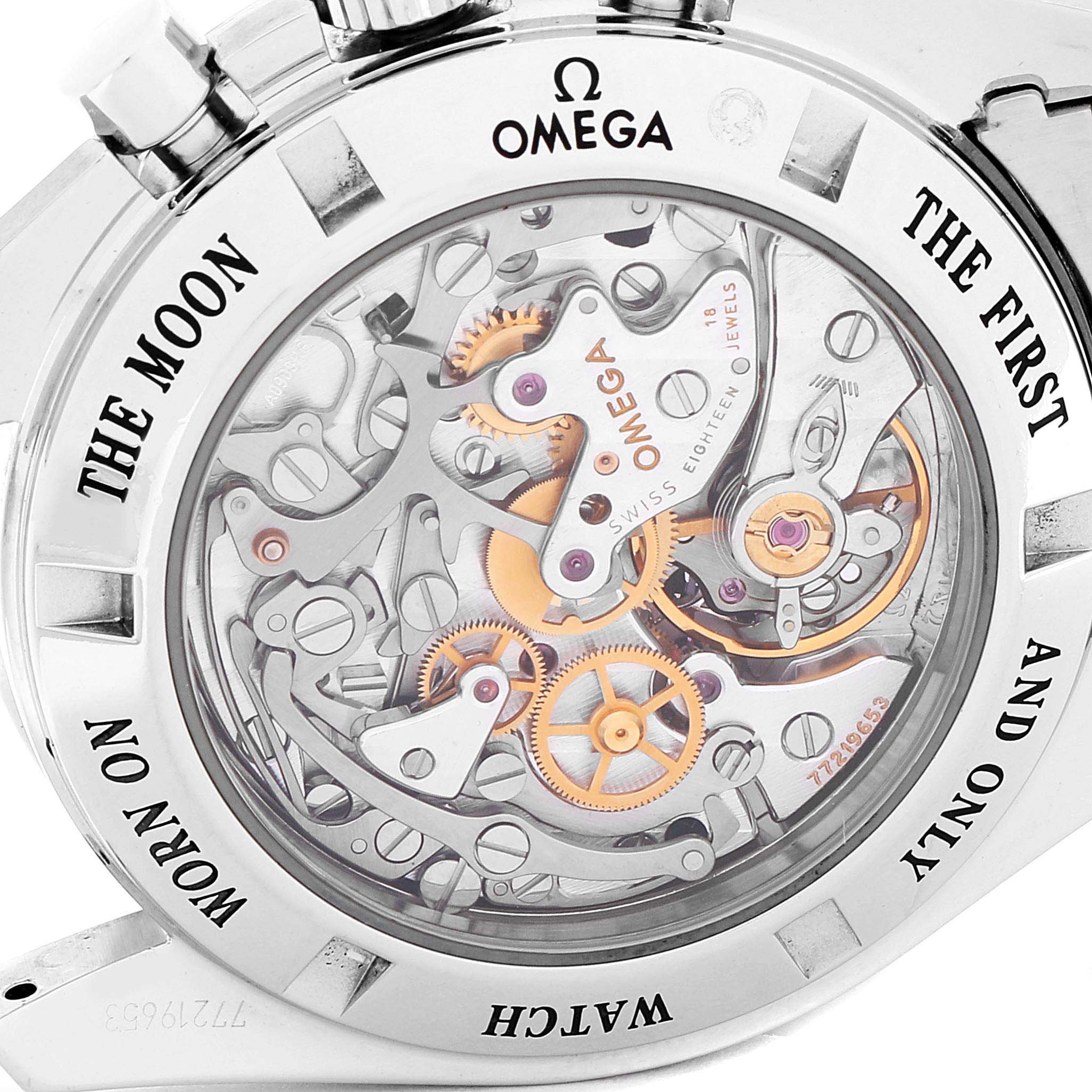 The image shows the back view of an Omega Speedmaster 311.30.42.30.01.006 Men
s Stainless Steel Black Dial 311.30.42.30.01.006 Men
s Stainless Steel Black Dial watch, displaying its intricate mechanical movement.