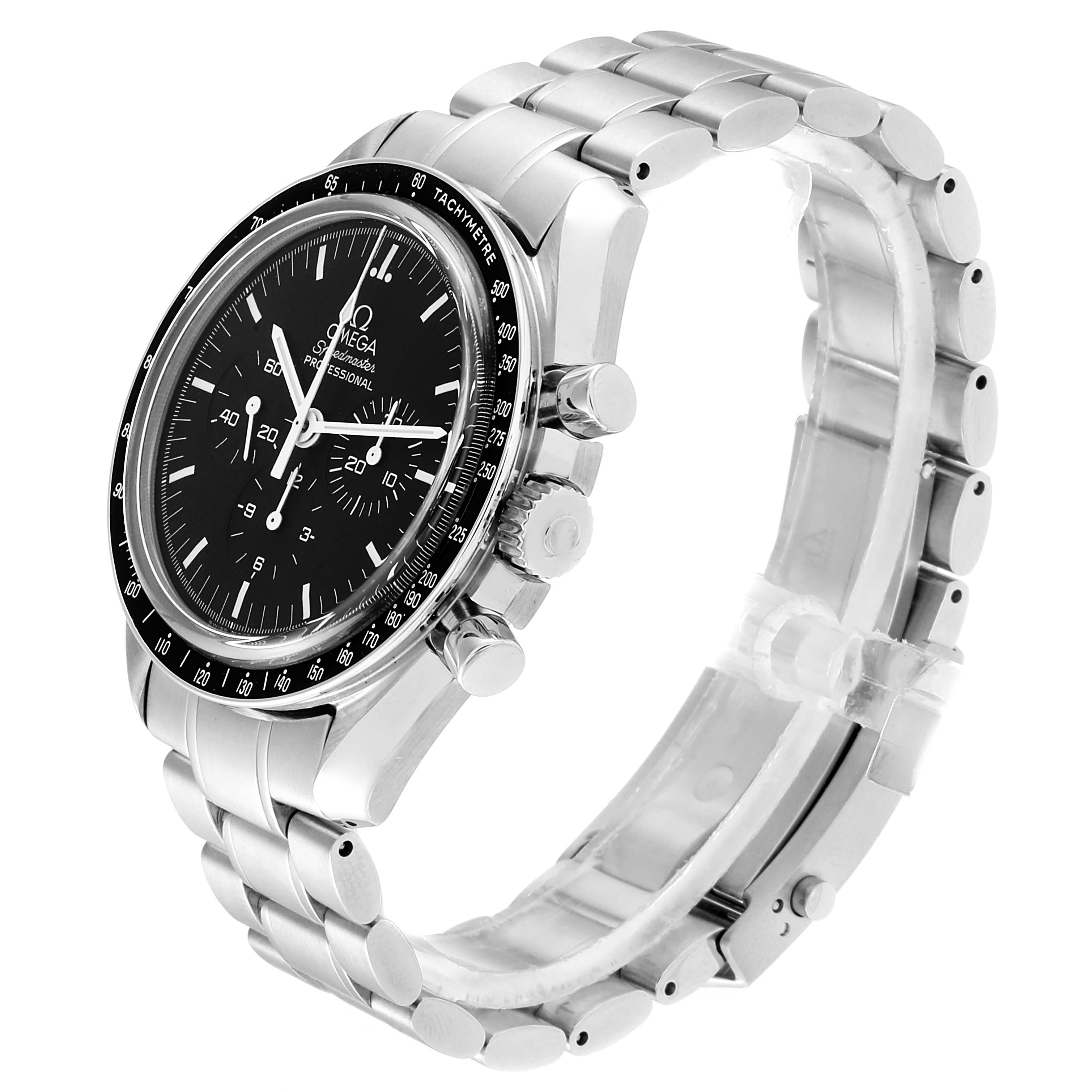 The image shows a side view of an Omega Speedmaster 311.30.42.30.01.006 Men
s Stainless Steel Black Dial 311.30.42.30.01.006 Men
s Stainless Steel Black Dial watch, displaying its dial, tachymeter bezel, and stainless steel bracelet.
