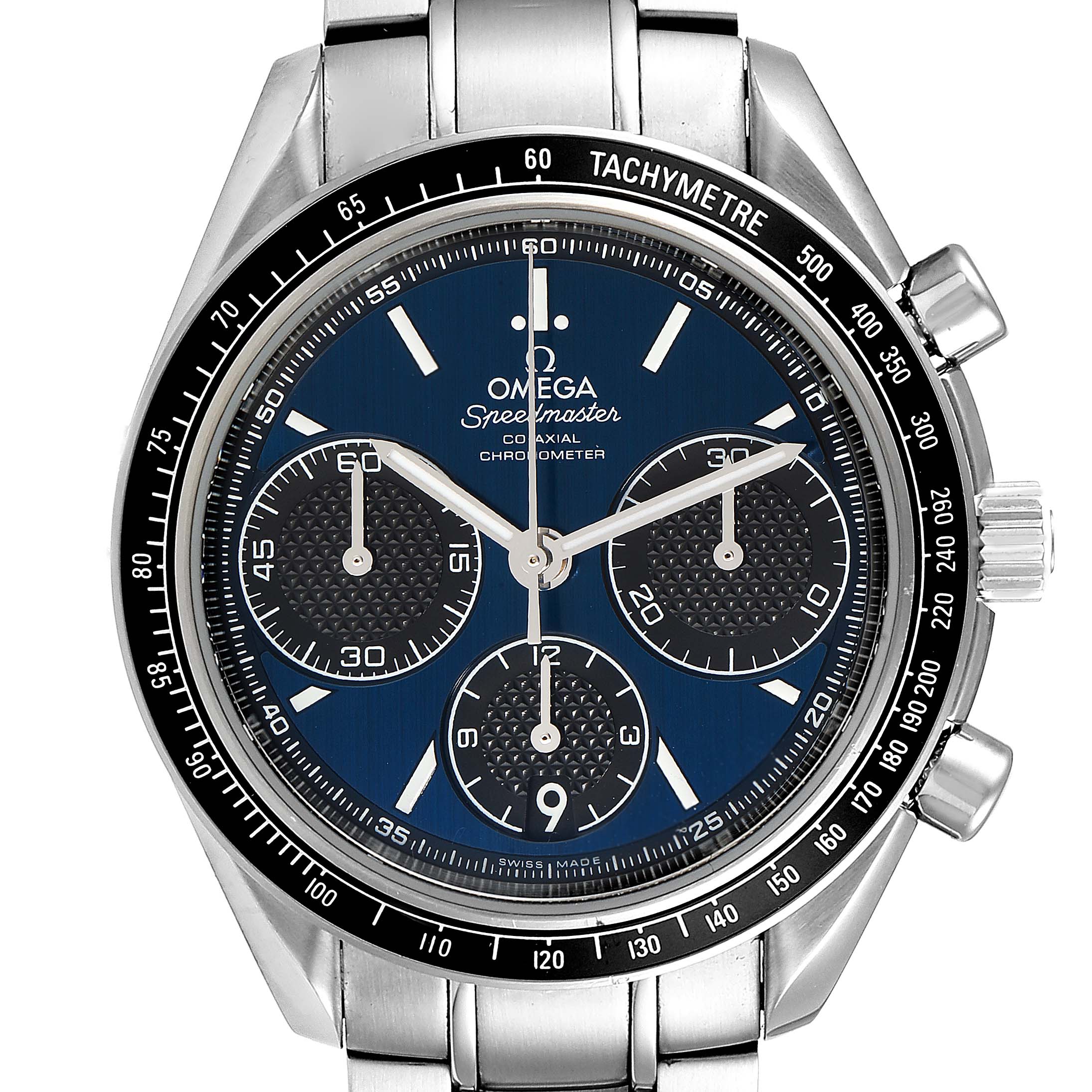 This image shows a front view of an Omega Speedmaster 326.30.40.50.03.001 Men
s Stainless Steel Blue Dial 326.30.40.50.03.001 Men
s Stainless Steel Blue Dial watch featuring its dial, bezel, and stainless steel bracelet.