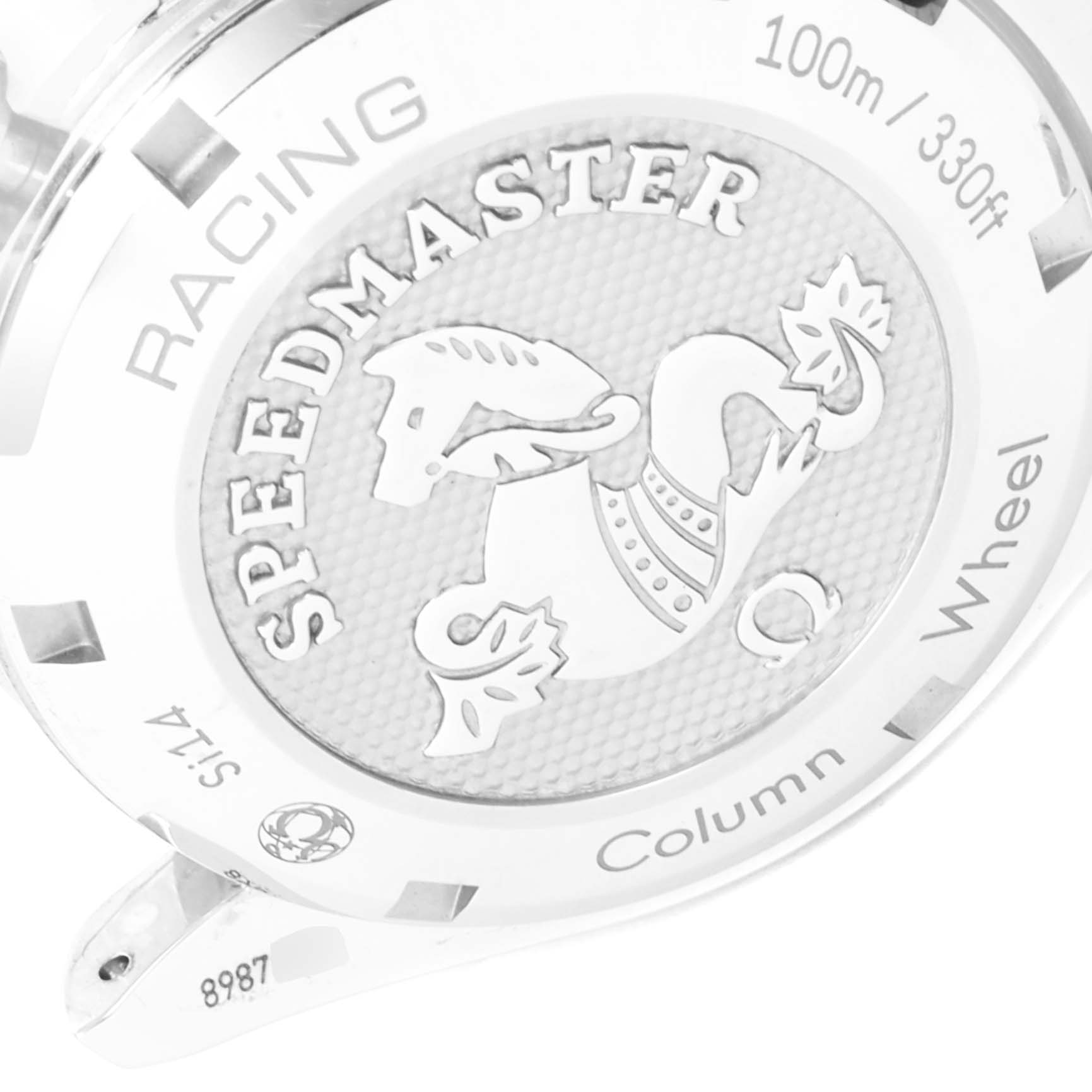 This image shows the case back of an Omega Speedmaster 326.30.40.50.03.001 Men
s Stainless Steel Blue Dial 326.30.40.50.03.001 Men
s Stainless Steel Blue Dial Racing watch, detailing water resistance and the "Column Wheel" feature.