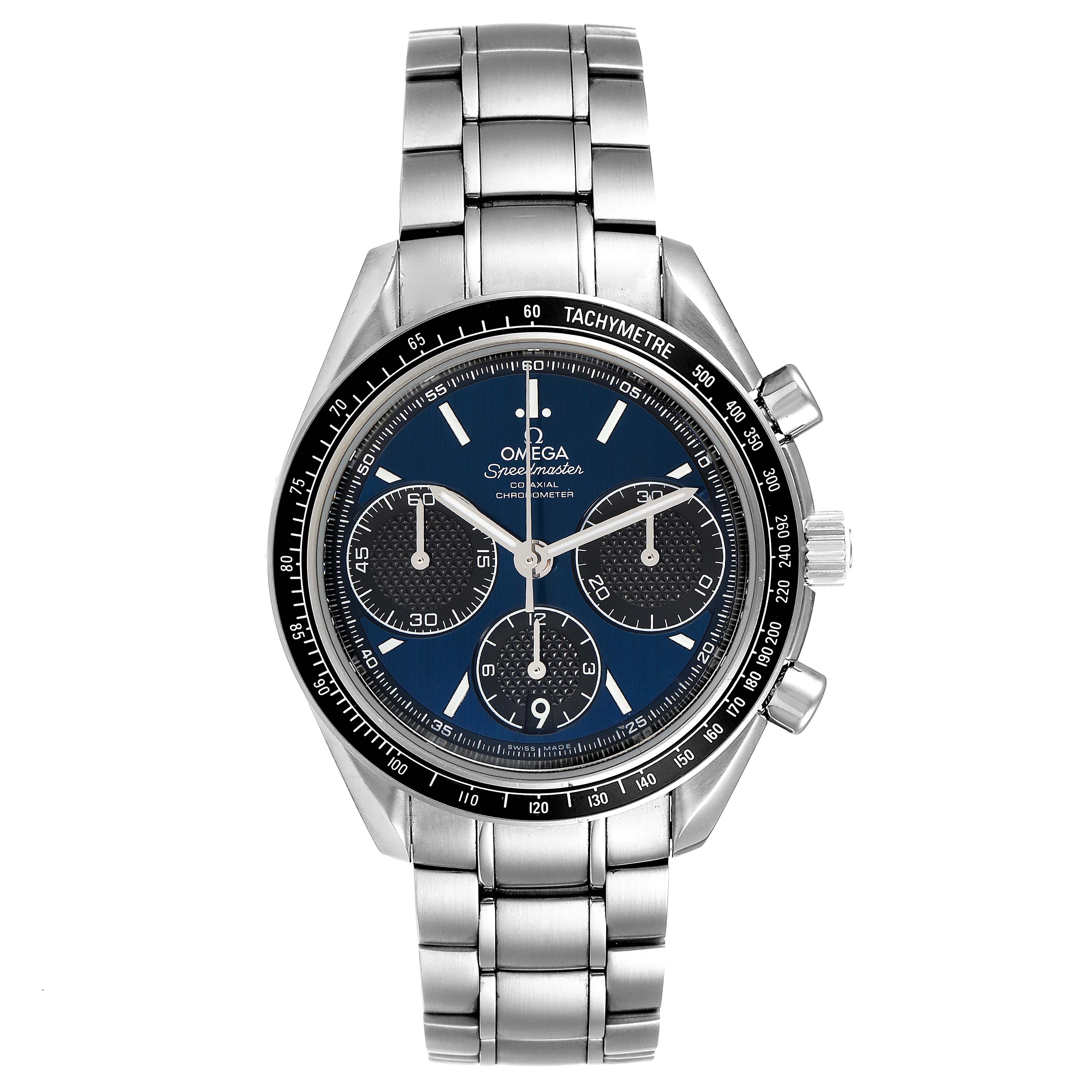 This is a front view of the Omega Speedmaster 326.30.40.50.03.001 Men
s Stainless Steel Blue Dial 326.30.40.50.03.001 Men
s Stainless Steel Blue Dial watch, showing the dial, subdials, bezel, and metal bracelet.
