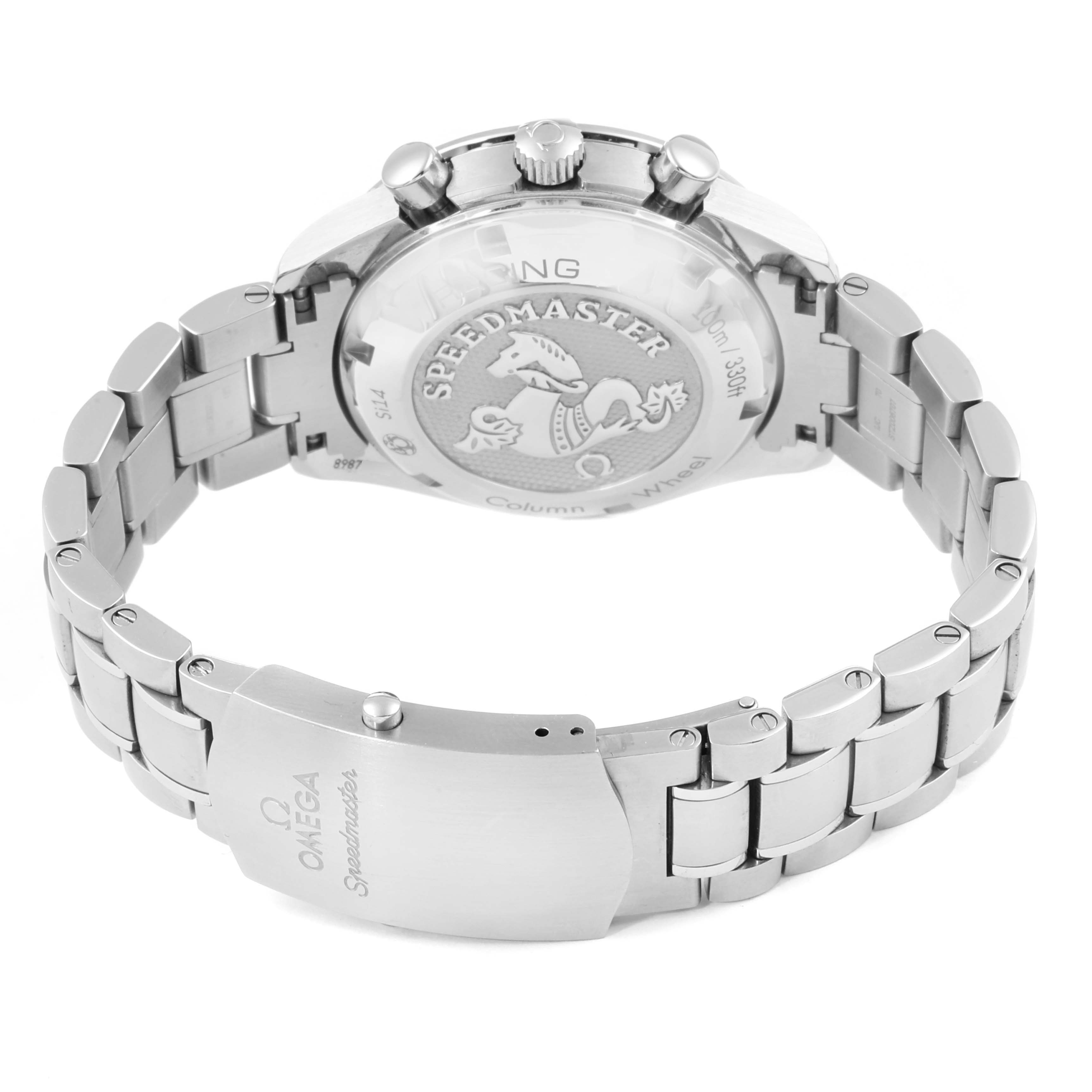 The image shows the rear view of an Omega Speedmaster 326.30.40.50.03.001 Men
s Stainless Steel Blue Dial 326.30.40.50.03.001 Men
s Stainless Steel Blue Dial watch, focusing on the case back and stainless steel bracelet.