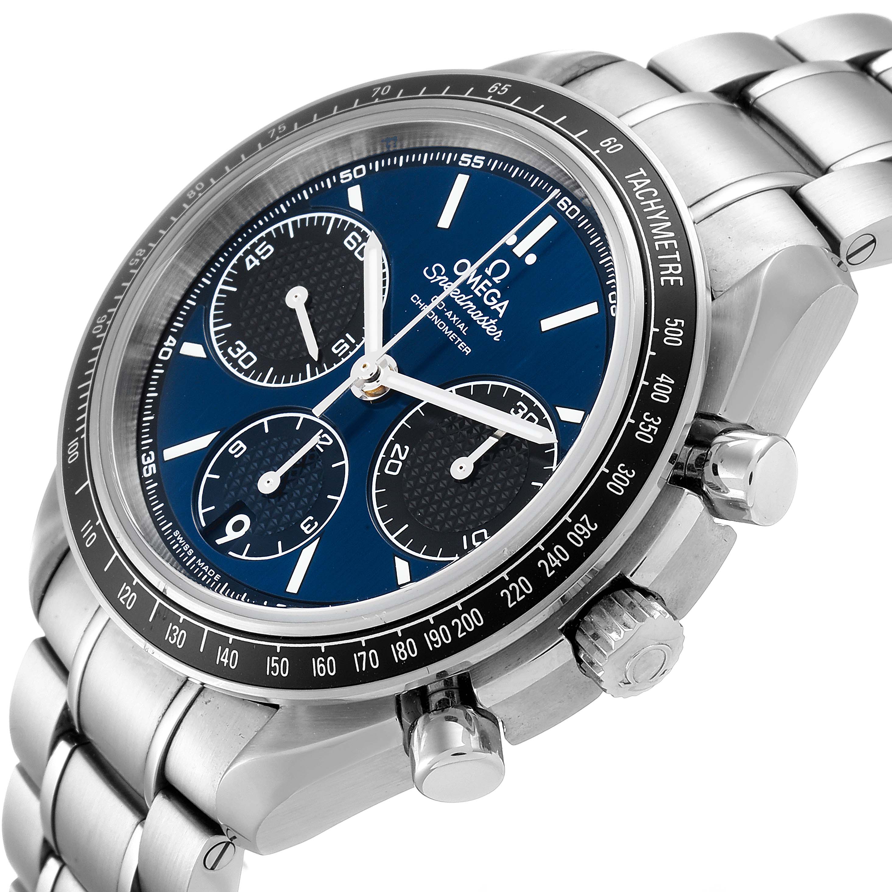 The image shows an Omega Speedmaster 326.30.40.50.03.001 Men
s Stainless Steel Blue Dial 326.30.40.50.03.001 Men
s Stainless Steel Blue Dial watch from a right-side angle, highlighting the face, bezel, bracelet, and chronograph pushers.
