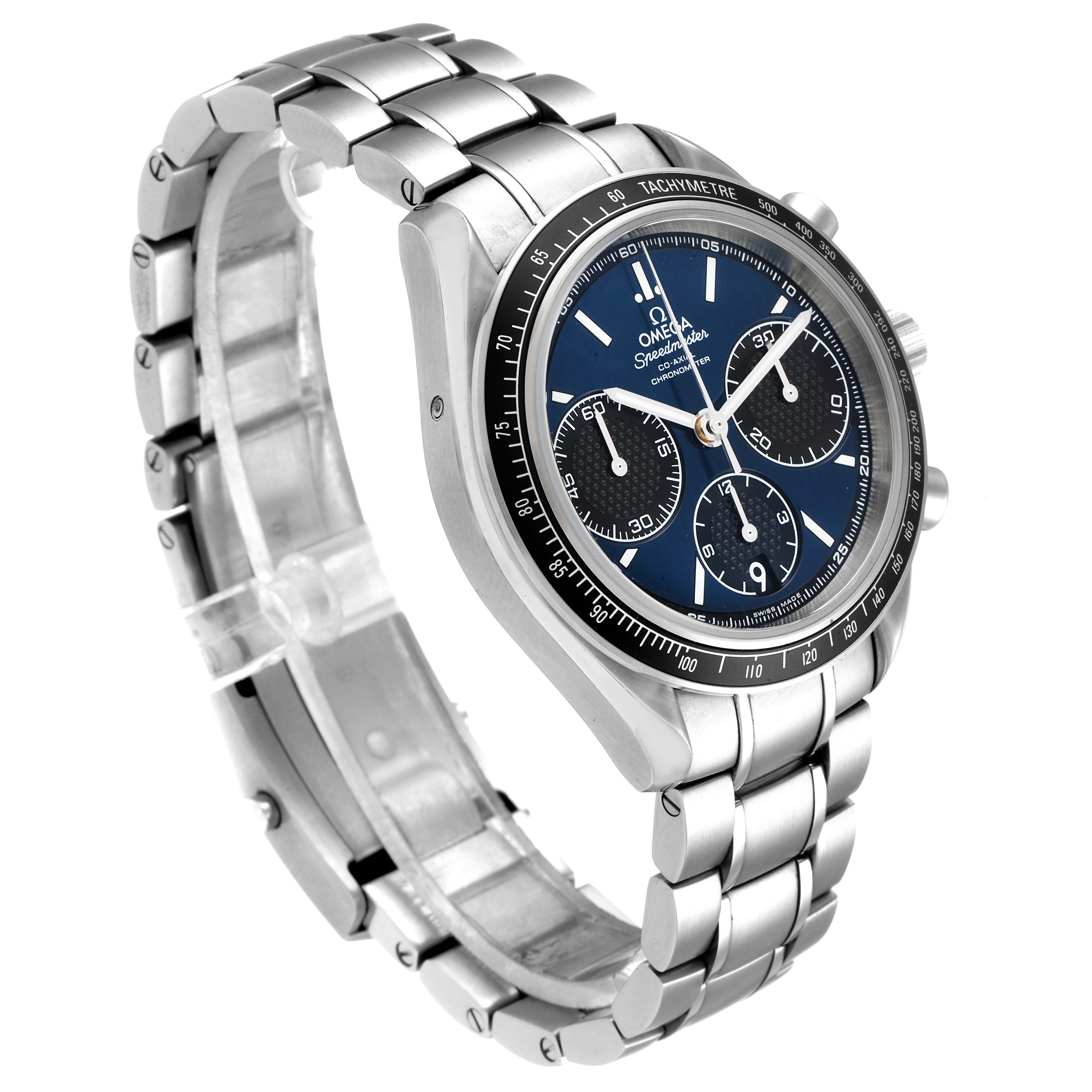 The Omega Speedmaster 326.30.40.50.03.001 Men
s Stainless Steel Blue Dial 326.30.40.50.03.001 Men
s Stainless Steel Blue Dial watch is shown at a slight side angle, displaying its stainless steel bracelet, tachymeter bezel, and chronograph dial.