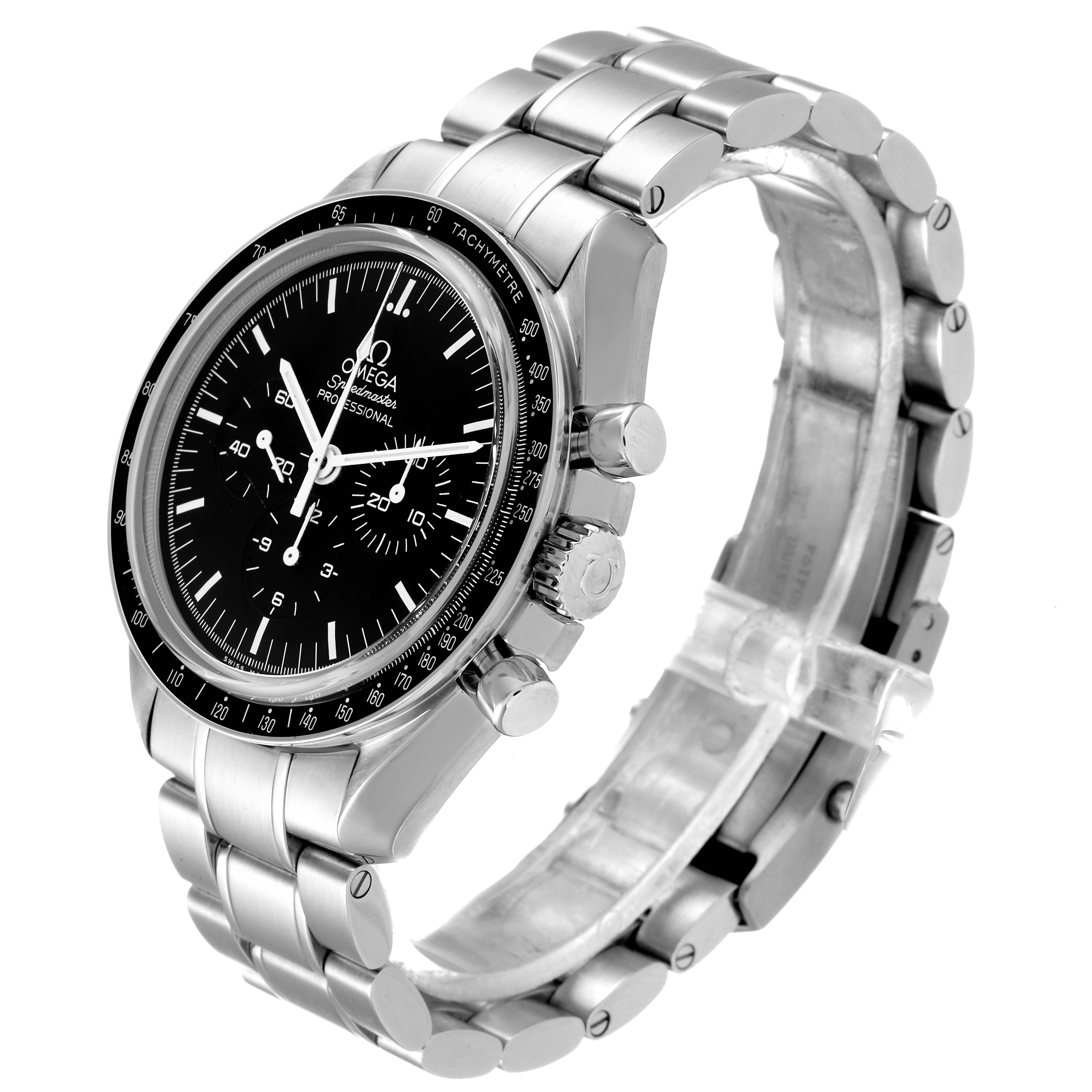 The photo shows an Omega Speedmaster 3573.50.00 Men
s Stainless Steel Black Dial 3573.50.00 Men
s Stainless Steel Black Dial watch from a three-quarter angle, highlighting its black dial, tachymeter bezel, and metal bracelet.