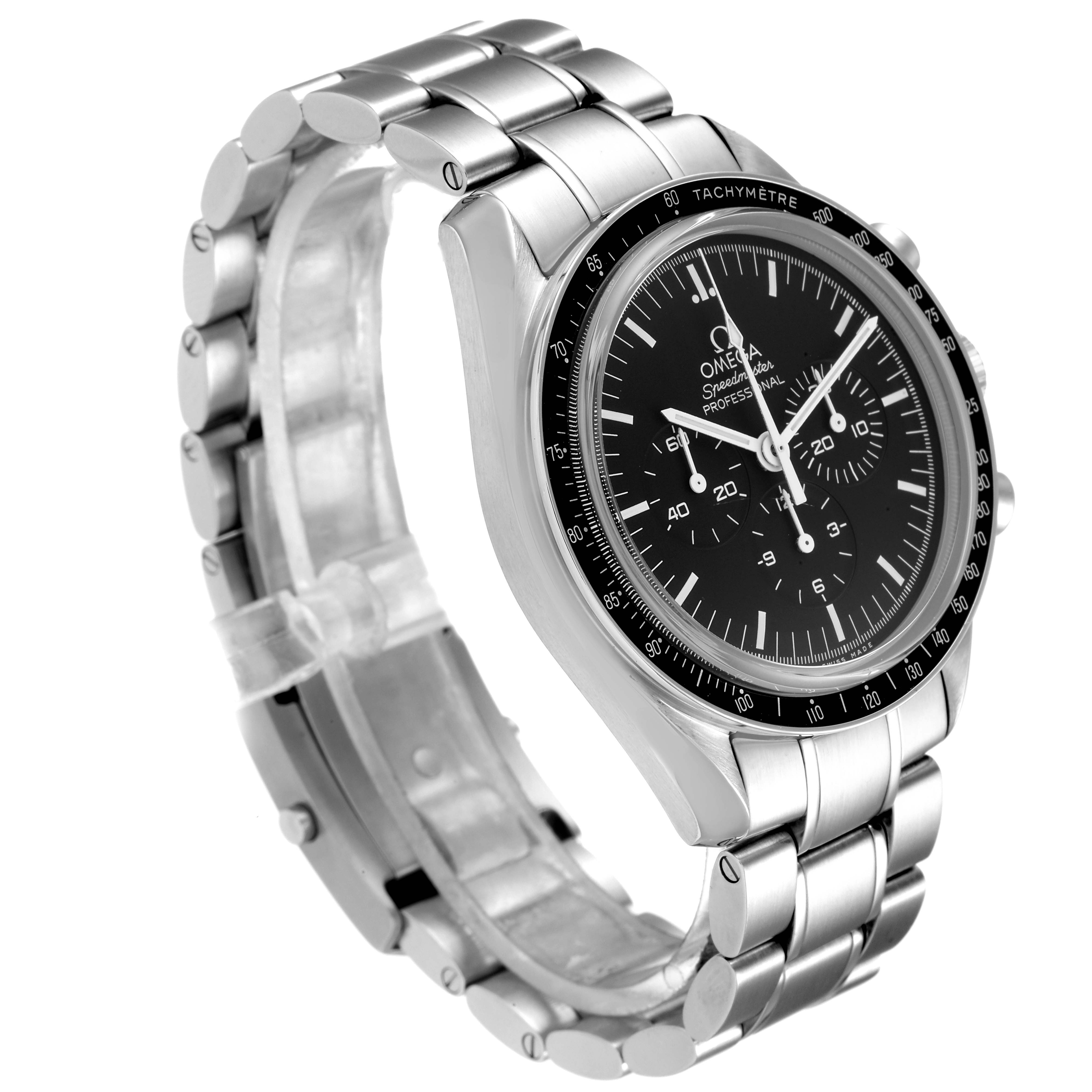 The Omega Speedmaster 3573.50.00 Men
s Stainless Steel Black Dial 3573.50.00 Men
s Stainless Steel Black Dial watch is shown at a three-quarter angle, displaying its face, bezel, and metal bracelet.