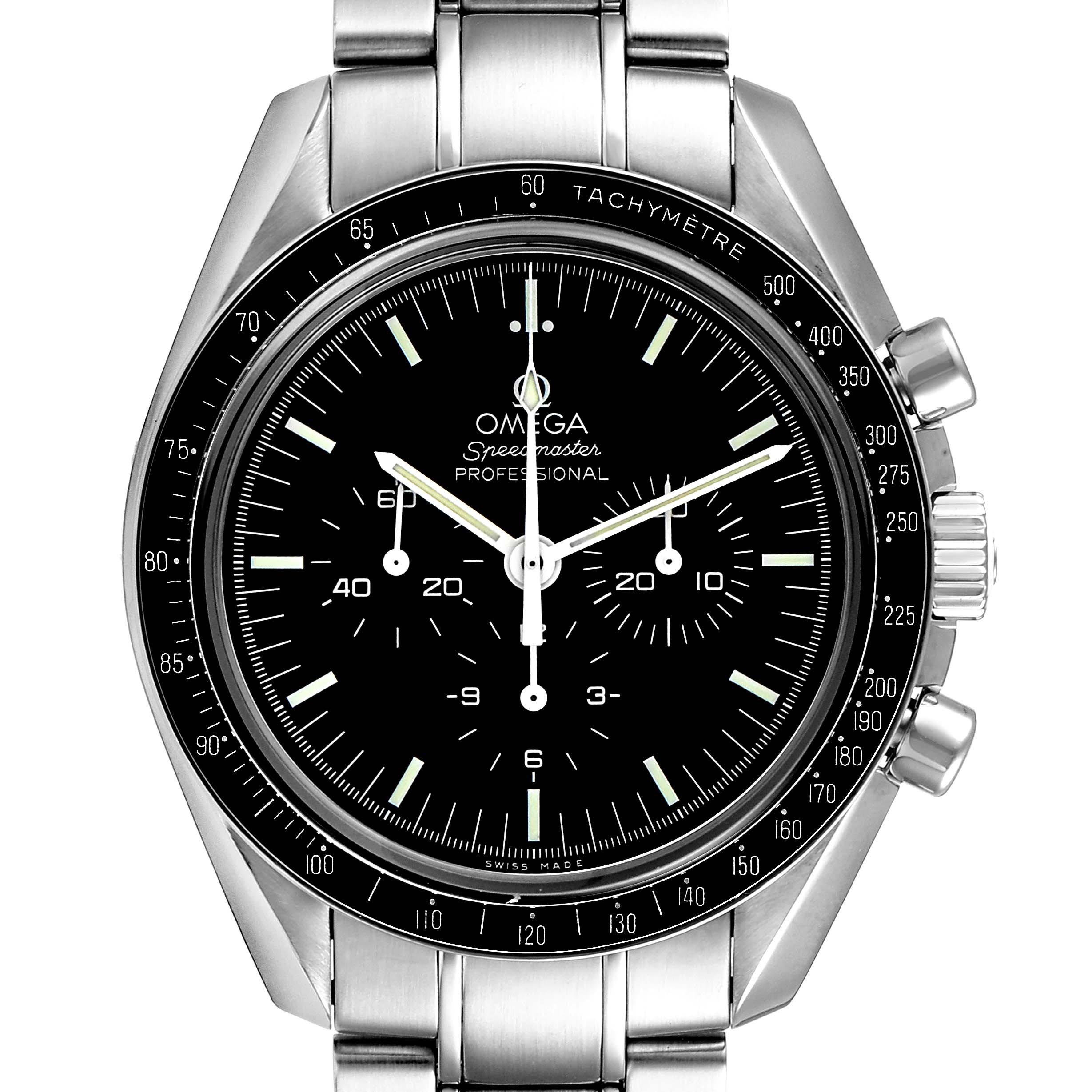 The image shows a front view of an Omega Speedmaster 3573.50.00 Men
s Stainless Steel Black Dial 3573.50.00 Men
s Stainless Steel Black Dial watch, highlighting its dial, tachymeter bezel, and stainless steel bracelet.
