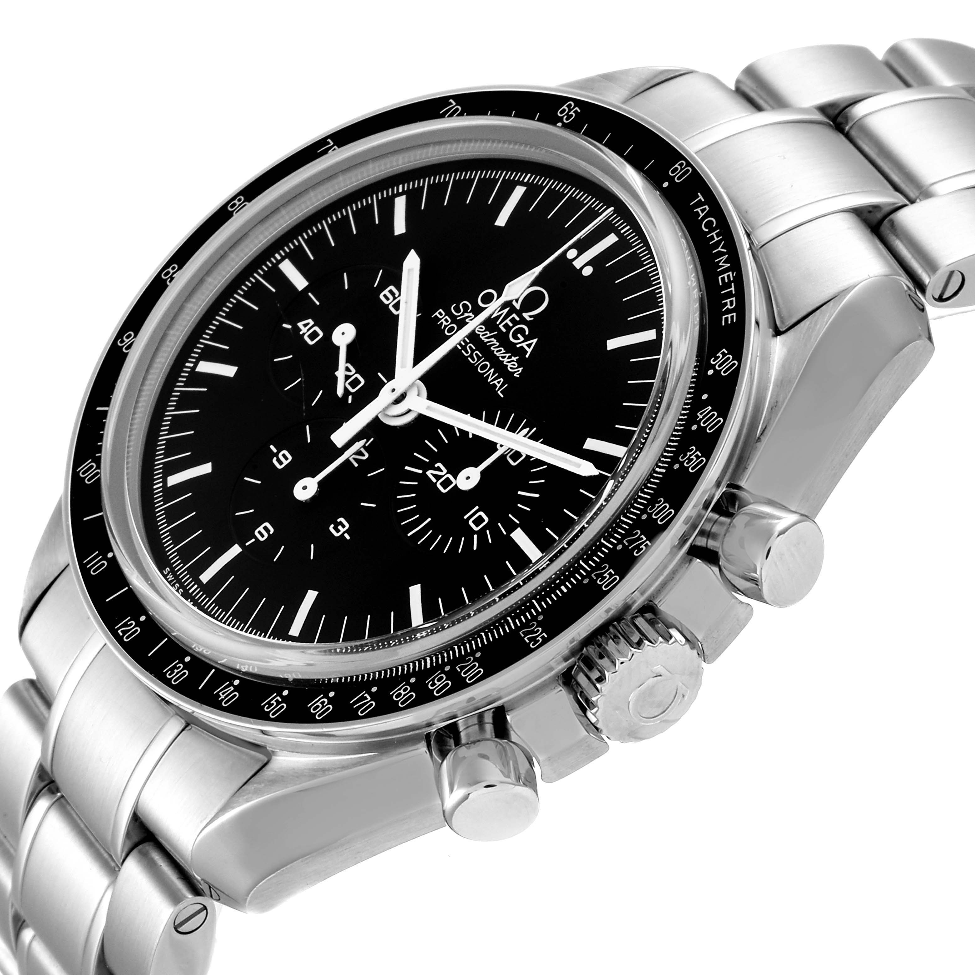 This Omega Speedmaster 3573.50.00 Men
s Stainless Steel Black Dial 3573.50.00 Men
s Stainless Steel Black Dial watch is shown from an angled side view, displaying its face, case, bracelet, and pushers.