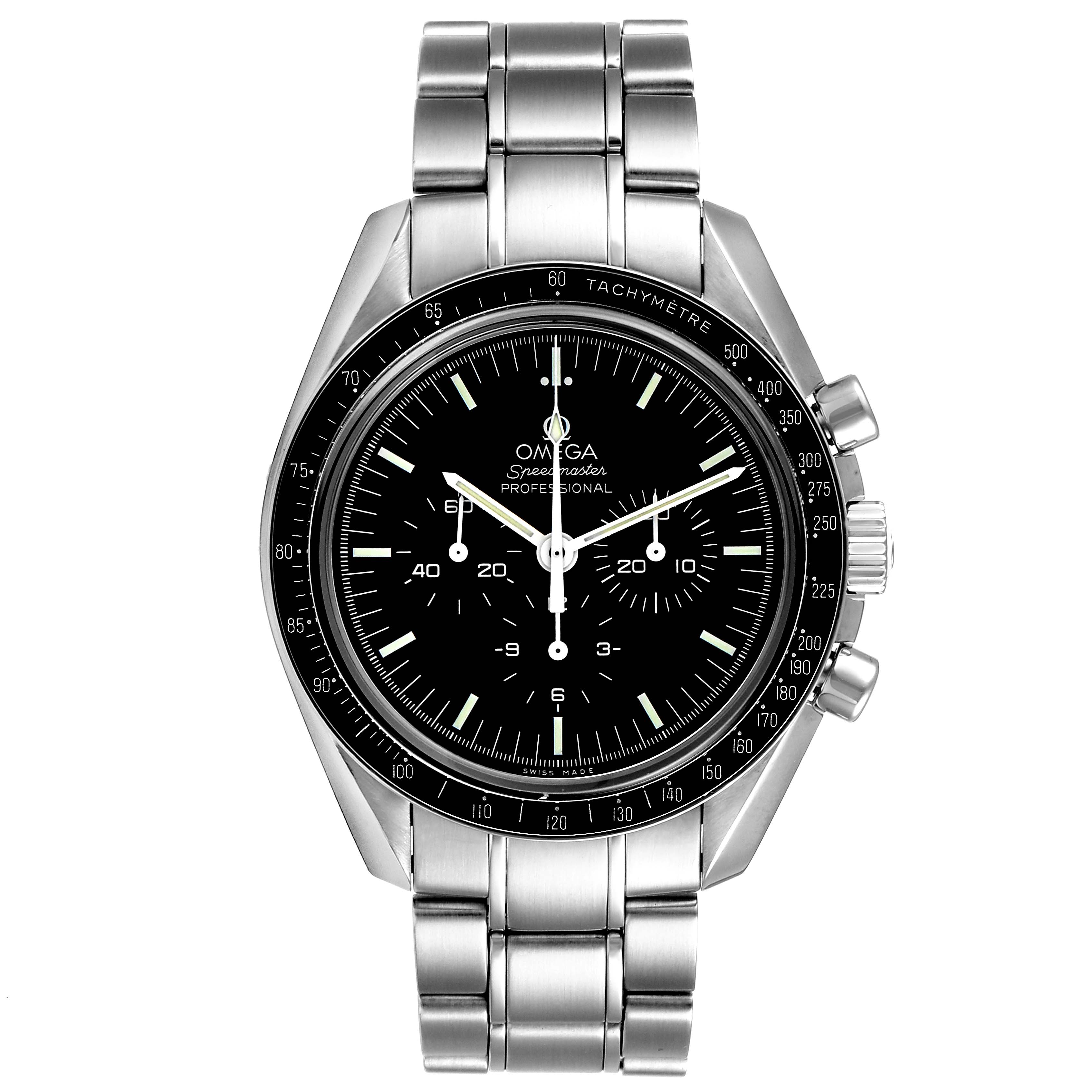 The image shows a front view of an Omega Speedmaster 3573.50.00 Men
s Stainless Steel Black Dial 3573.50.00 Men
s Stainless Steel Black Dial watch, displaying its stainless steel bracelet, black dial, and chronograph features.